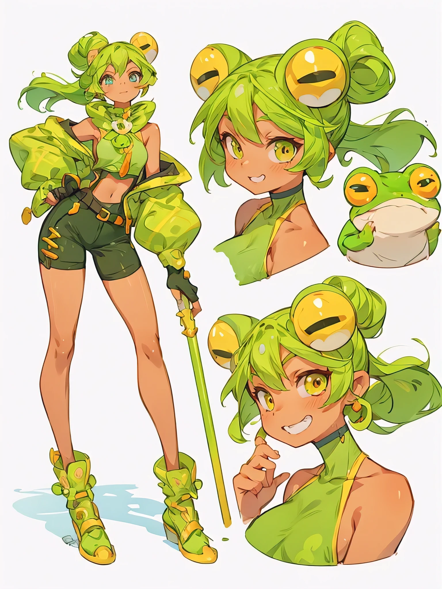 vibrant frog girl, cartoon wakfu style, character sheet, character design, concept art, detailed, best quality, white background, 32k uhd