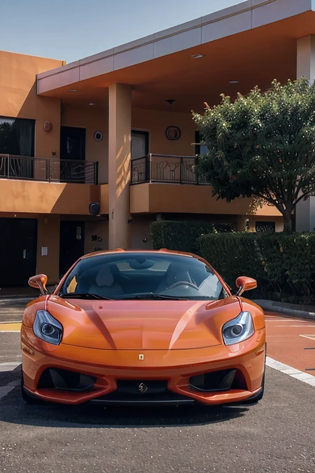 orange ferrari with gradient purple, realista, em um estacionamento vazio, distant camera but it is possible to see