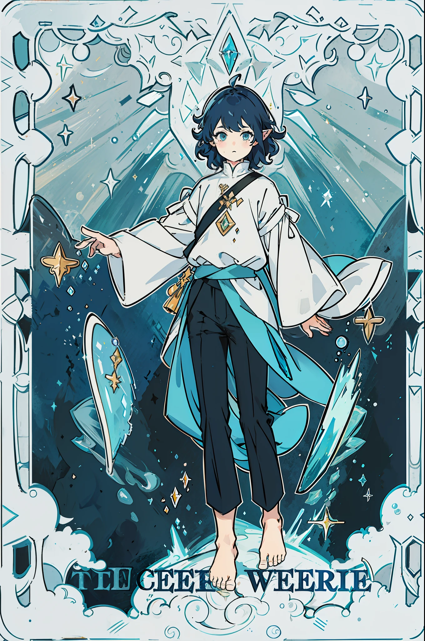 highres, high quality, full body, solo, cute, 1 boy, short hair, dark blue hair, light blue eyes, simple clothes, white shirt, wide sleeves, black pants, bare feet, elven ears, sea waves, crystals