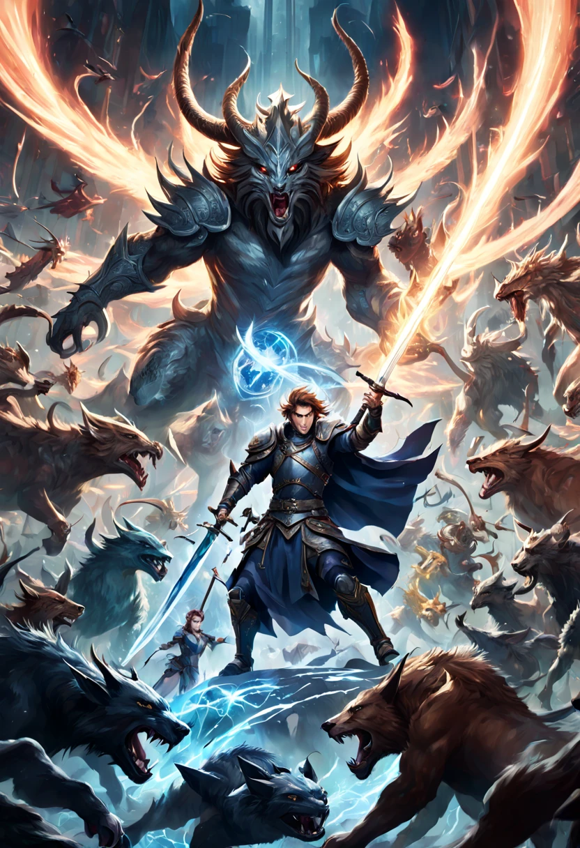 Prompt #2:
An epic battle scene in a different world, the hero at the center wielding a sword that glows with an ethereal light, surrounded by fantastical beasts and allies, mid-action, high tension, Canon EOS R8, wide angle lens