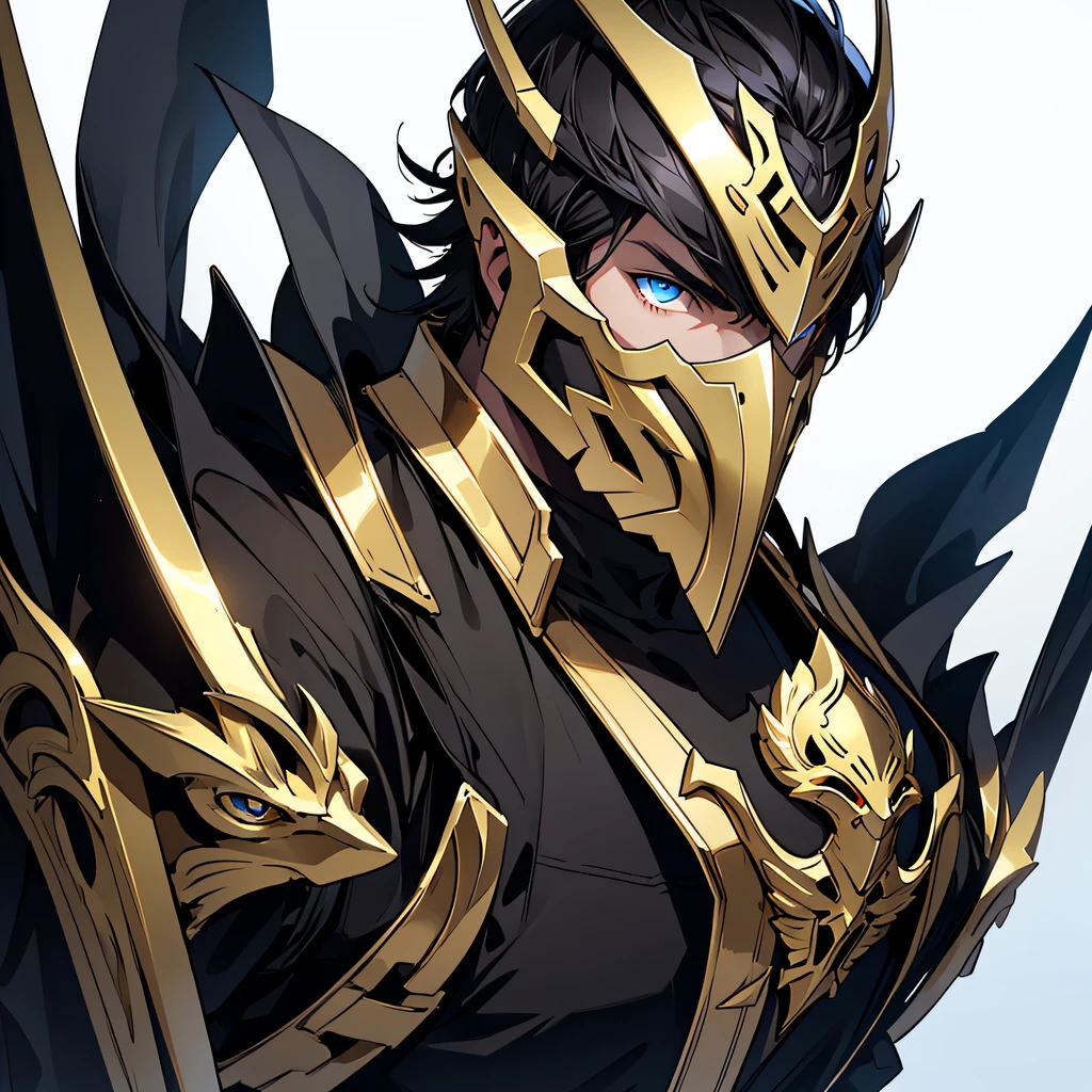 Anime angel man wearing an armored mask with two rapiers, breath of the wild art style. Noble clothes, golden eyes, dark hair. Grinning