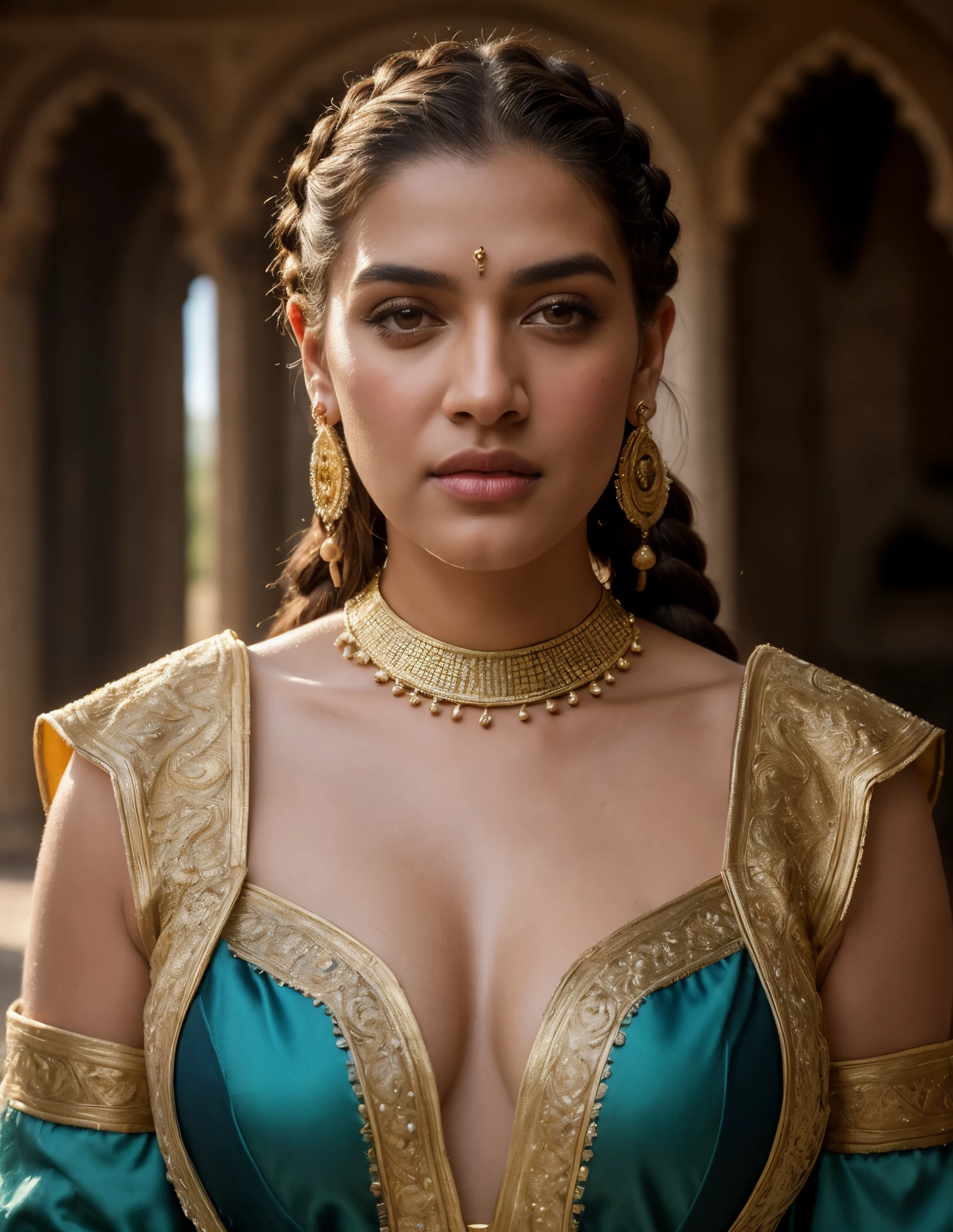 Foto RAW, close up portrait of a 40 year-old gorgeous confident blasian dark-skinned medieval fantasy queen, extremely gorgeous, looks like Kriti Sanon,  almond-shaped eyes, plump lips, gorgeous hazel-colored eyes, long hair, dutch braids, elaborate hairdo, serious look, steadfast expression, slim, body oil, moisturizing oil, tanning oil, oiled body, glowing skin, skin pores, rich regal traditional fantasy north african regal clothes, filigree jewels, in a fantasy north african palace, (backlighting), ancient mysterious Kingdom background, realistic, masterpiece, highest quality, lens flare, shade, bloom, [[chromatic aberration]], by Jeremy Lipking, by Antonio J. Manzanedo, digital painting, (pele altamente detalhada: 1.2), 8k UHD, DSLR, alta qualidade, grain of film, Fujifilm XT3
