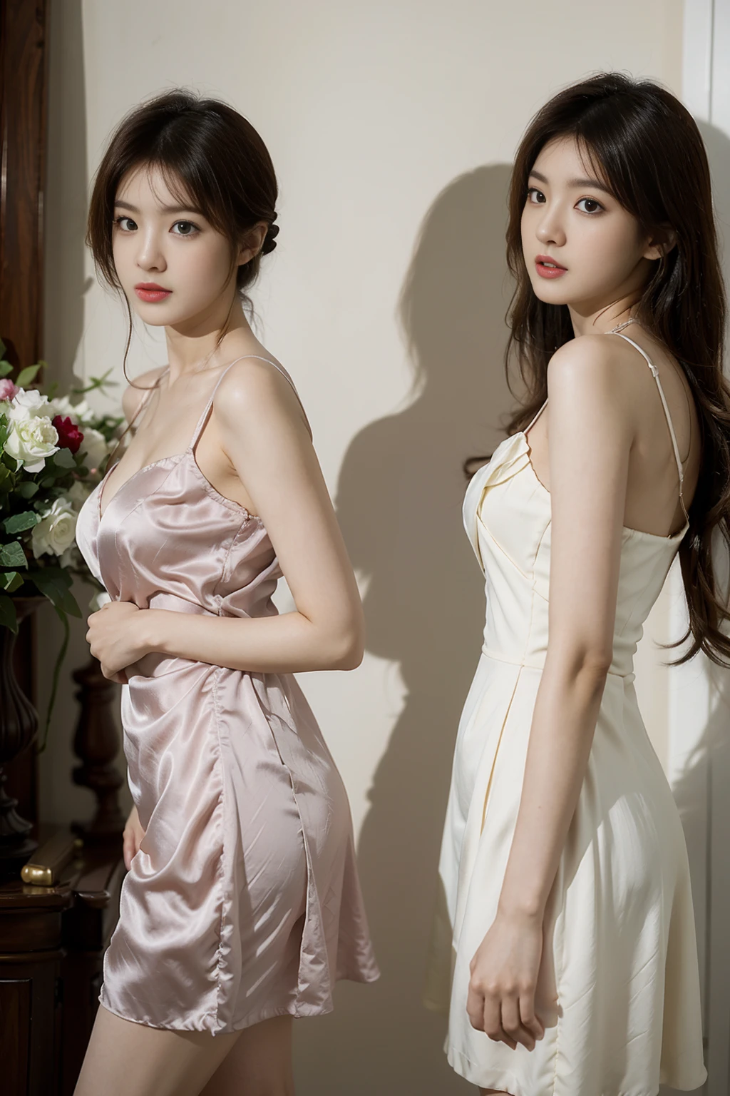 Portrait of two attractive women in silk dresses, (ulzzang-6500-v1.Urea surface_v1,octane rendering),standing,xxmix girl womebrijes art style),