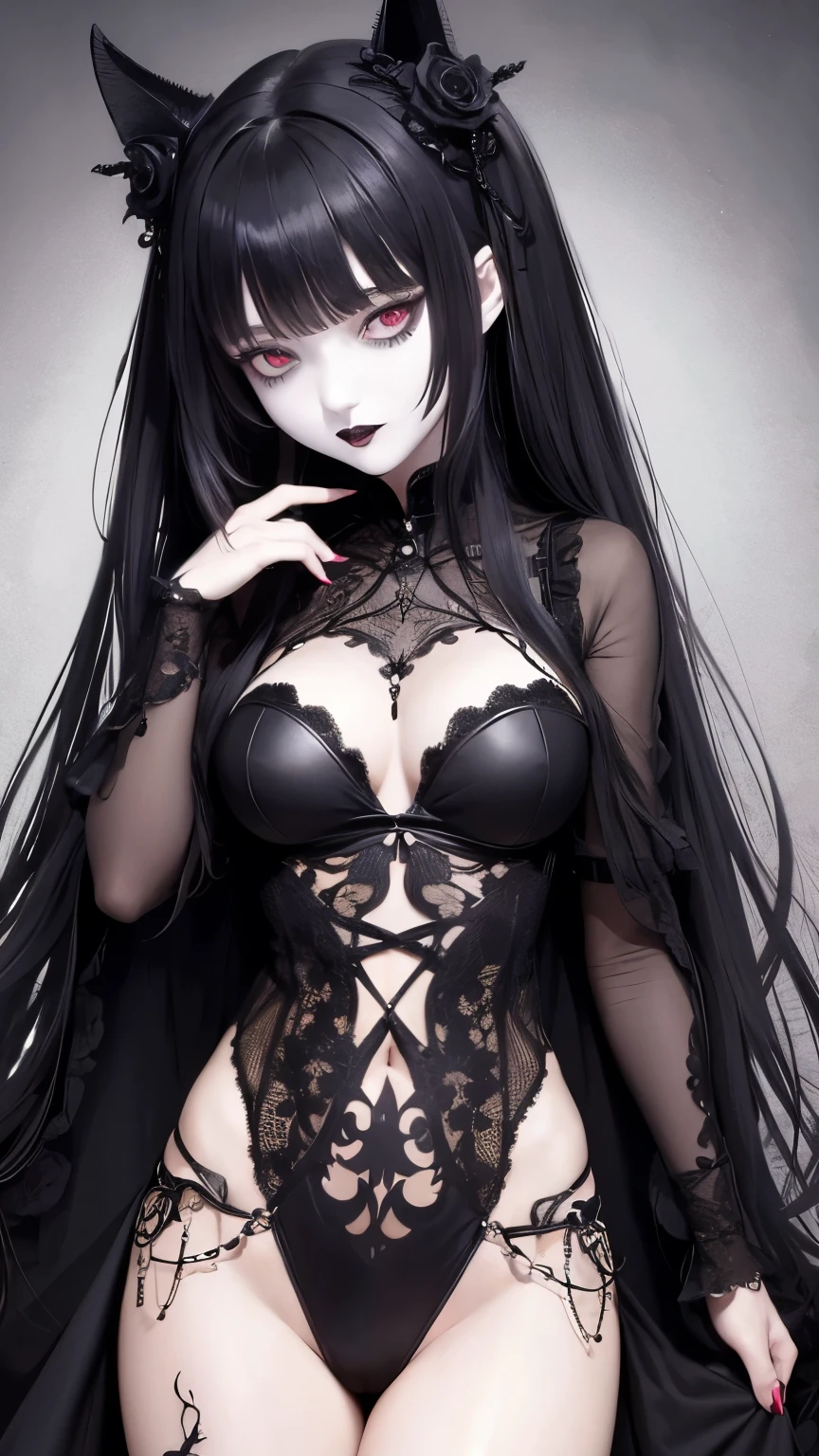 front,agnès cecil style,cover the skin,heterochromia,right eye red,Zuo Muqing,unity 8k wallpaper, super detailed, beautiful, beautiful, ((new goth gal:1.4)), masterpiece, highest quality, dark, in the atmosphere, Mysterious, romantic, Spooky, literature, art, fashion, victorian, decoration, Complex, ironwork, race, contemplation, depth of emotion, Supernatural, 1 girl, alone, hip