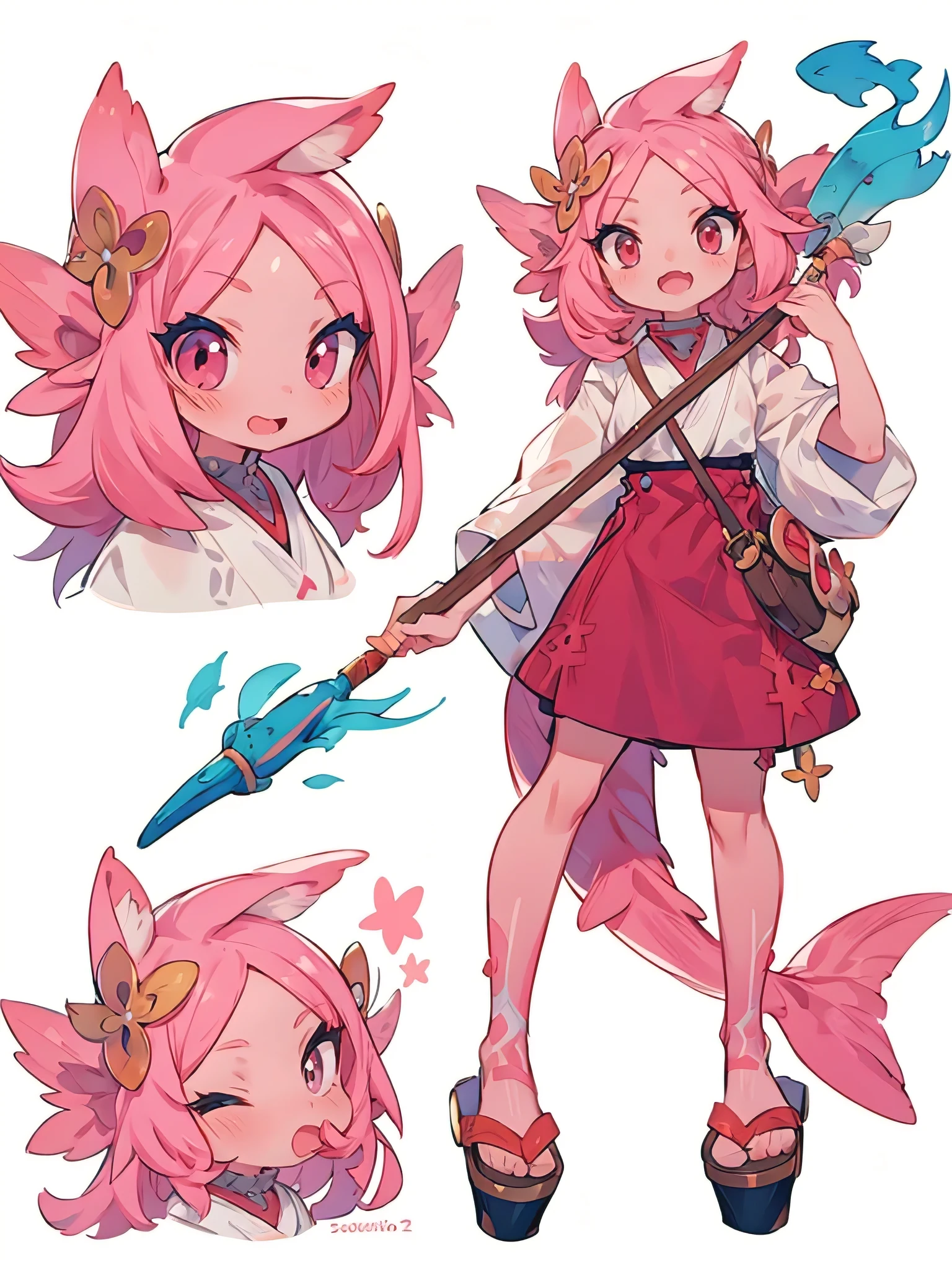 vibrant axolotl girl, cartoon wakfu style, character sheet, character design, concept art, detailed, best quality, white background, 32k uhd