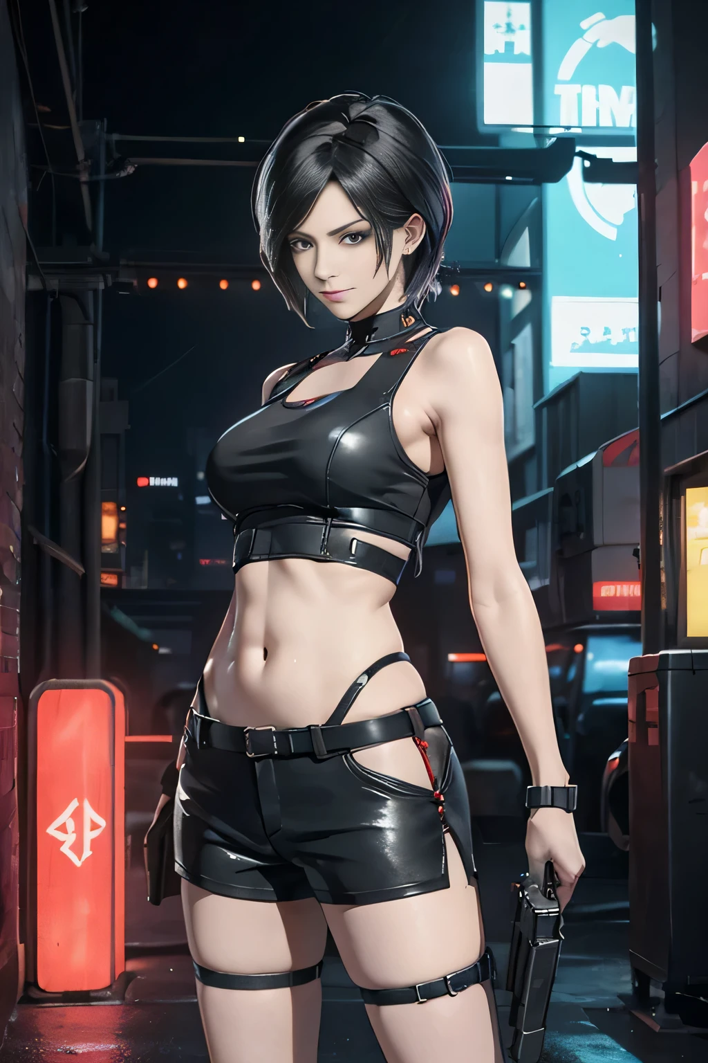 (Resident Evil Ada 1.5)，(40 years old1.5)、expensive, chest，Has a well-proportioned body shape，{{{chopped}}}，(black and red tank top、Navel exposure、Black leather low rise shorts 1.5)、(1 with a gun.5)日本warior，warior盔甲，woman warior，{{{cyberpunk city}}}，expensive家，{{{neon light}}}，highest quality，cyberpunk city,wario