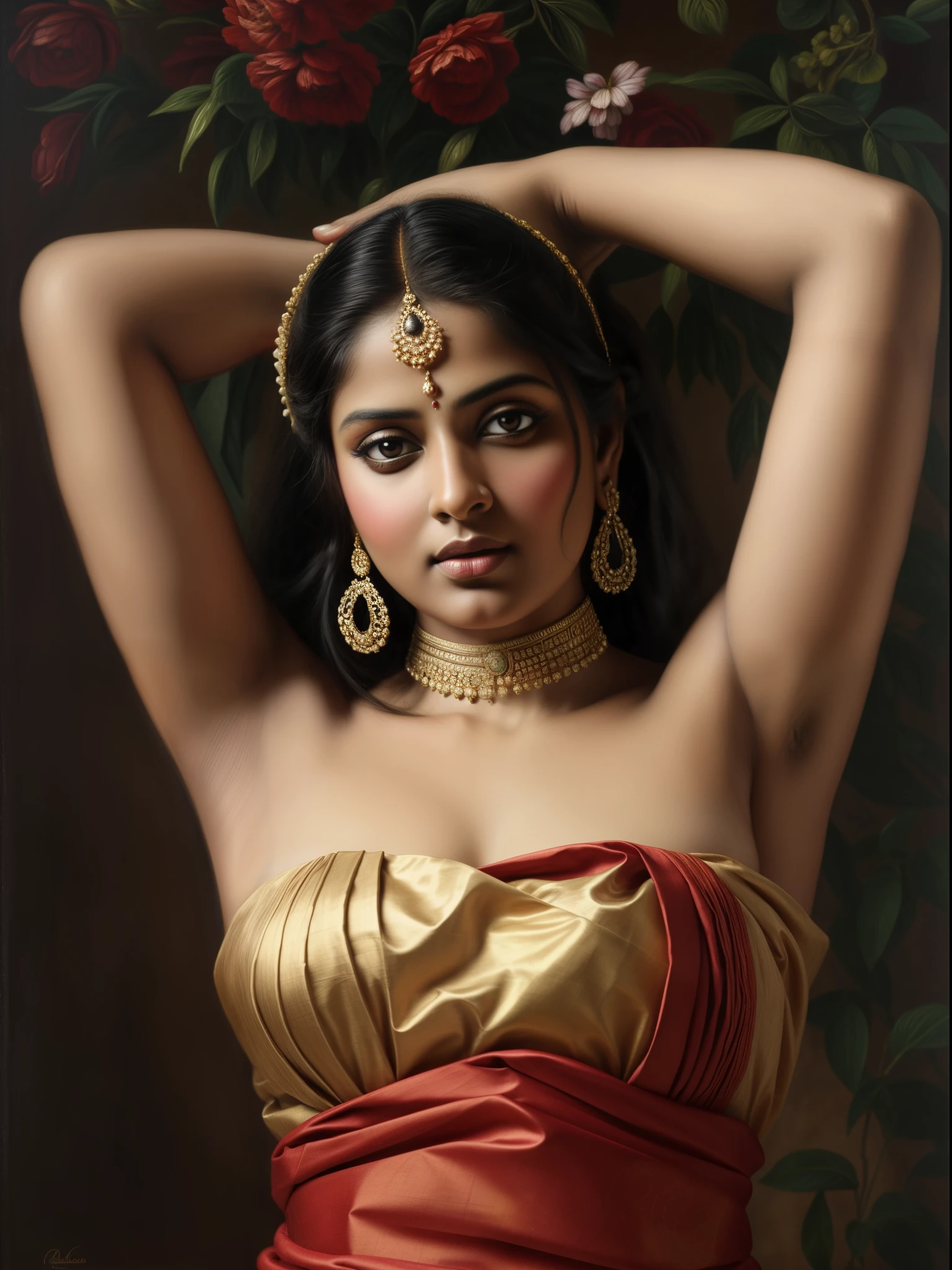 Beautiful Indian Woman, wearing saree, sari Beauty, gorgeous, Apsara, Maharani, royal queen woman, nymph from Hindu Mythology, Urvashi, matchless beauty, Highly detailed, Oil Painting by Peter Paul Rubens inspired by Raja Ravi Varma, Matchless beauty, captivating, gorgeous, heavenly beauty, celestial beauty, by Peter Paul Rubens, 1893, realistic, hyper realistic, micro details, incredible artwork, insane details, ultra High resolution, 8k, 32k,  acrylic on canvas, intricate, flawless, detailed, detailed face, detailed eyes, masterpiece, by Peter Paul Rubens, by Caravaggio, by William Adolphe bouguereau, perfect face, perfect body, beautiful art, realism, baroque, renaissance Art, highly textured, beautiful and detailed eyes, uhd, best quality,