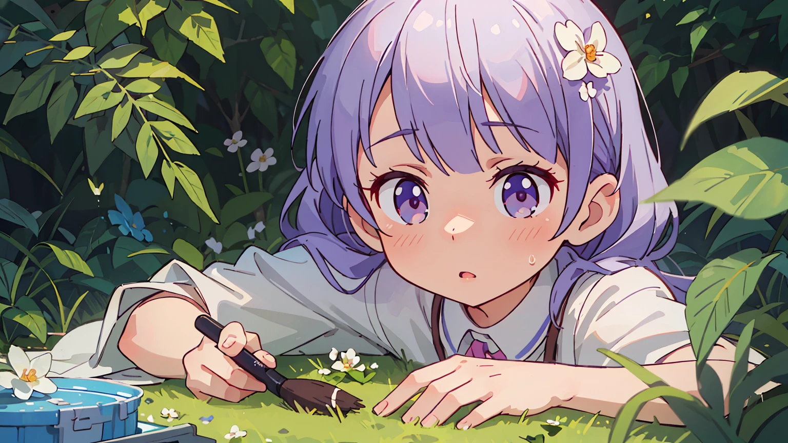 (best quality,4k,8k,highres,masterpiece:1.2),ultra-detailed,(realistic,photorealistic,photo-realistic:1.37),Suzukaze Aoba,[NEW GAME!],anime,drawing illustrations,beautiful detailed eyes,beautiful detailed lips,extremely detailed eyes and face, long eyelashes,colorful hair,focused and determined expression,casually dressed,standing in a lush garden,with blooming flowers and vibrant greenery around her,faint sunlight filtering through the leaves,soft and warm lighting,delicate brush strokes,rich and vibrant colors,stylized and dynamic artwork,expressive and lively poses,detailed background scenery,showcasing Suzukaze Aoba's passion for illustration and her dedication to her craft,with artistic tools, like paintbrushes and pencils, scattered around her, immersing the viewer in the world of art and creativity.