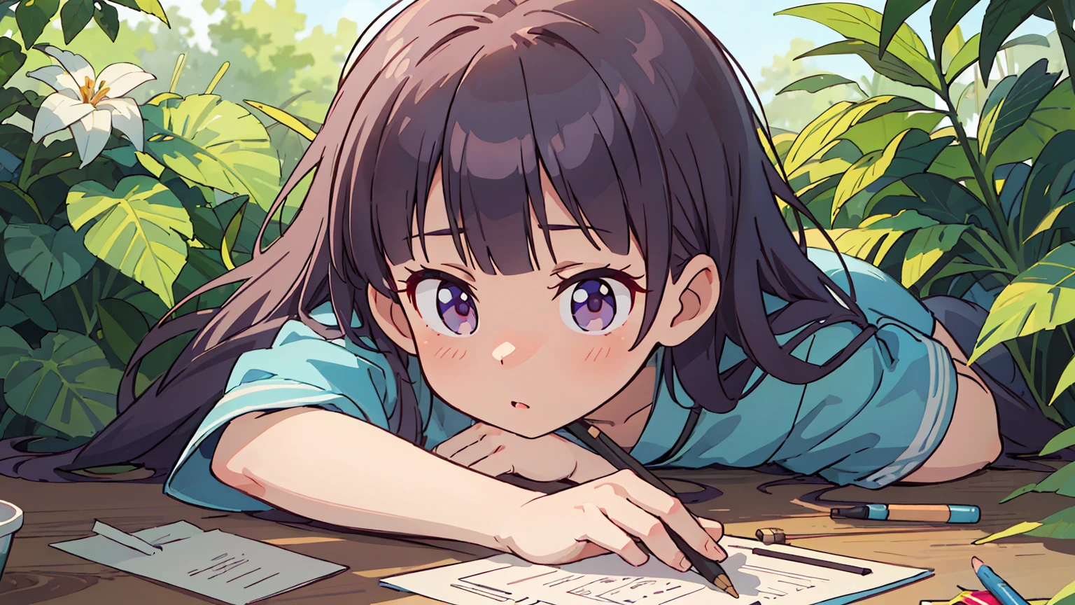 (best quality,4k,8k,highres,masterpiece:1.2),ultra-detailed,(realistic,photorealistic,photo-realistic:1.37),Suzukaze Aoba,[NEW GAME!],anime,drawing illustrations,beautiful detailed eyes,beautiful detailed lips,extremely detailed eyes and face, long eyelashes,colorful hair,focused and determined expression,casually dressed,standing in a lush garden,with blooming flowers and vibrant greenery around her,faint sunlight filtering through the leaves,soft and warm lighting,delicate brush strokes,rich and vibrant colors,stylized and dynamic artwork,expressive and lively poses,detailed background scenery,showcasing Suzukaze Aoba's passion for illustration and her dedication to her craft,with artistic tools, like paintbrushes and pencils, scattered around her, immersing the viewer in the world of art and creativity.