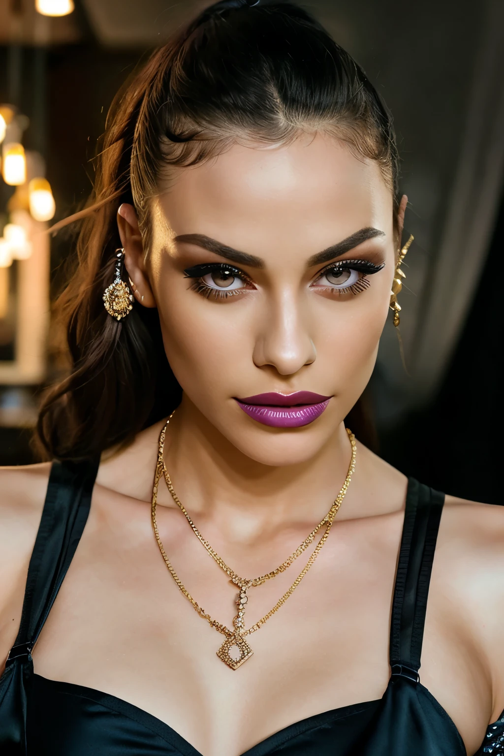 1. Raw photo of a glamorous and stylish hipster woman, capturing her edgy vibe in a dark and alluring setting. Her almond-shaped eyes are accentuated with mascara and eyeliner, while her cheeks are dark and her lips expressively luscious. Unique facial piercings add to her allure, complemented by an alluring necklace. The photograph also showcases her stylish and sexy underwear, highlighting her alluring thighs. This highly detailed and photorealistic image captures every intricate detail, from her dimples to her smoky eye makeup, and even the defined jawline. The skin pores and shiny texture of her skin are depicted realistically, giving the image a grainy yet strikingly realistic quality. Harsh flash lighting adds to