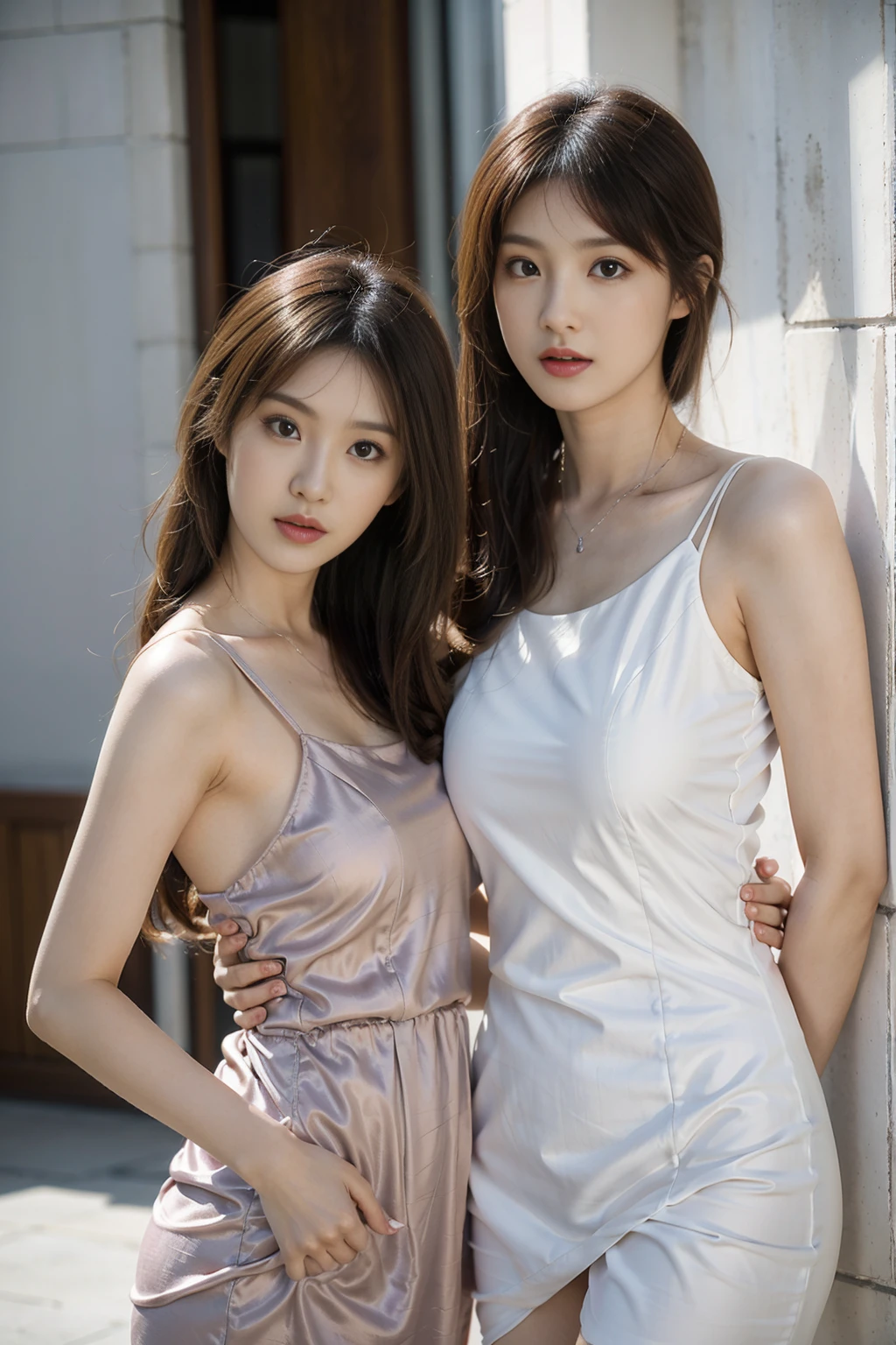 extremely beautiful，Portrait of two attractive women in silk dresses, (ulzzang-6500-v1.Urea surface_v1,octane rendering),standing,xxmix girl womebrijes art style),