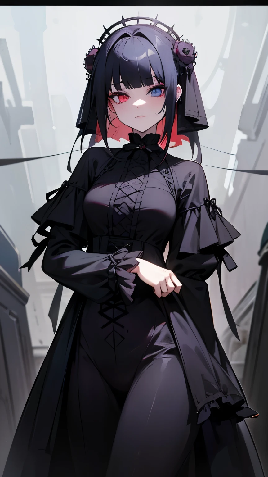 front,smile,cover the skin,heterochromia,right eye red,Zuo Muqing,unity 8k wallpaper, super detailed, beautiful, beautiful, ((new goth gal:1.4)), masterpiece, highest quality, dark, in the atmosphere, Mysterious, romantic, Spooky, literature, art, fashion, victorian, decoration, Complex, ironwork, race, contemplation, depth of emotion, Supernatural, 1 girl, alone, hip