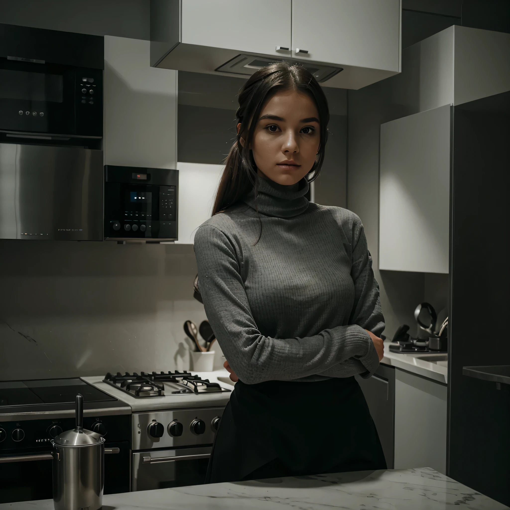 uma garota vestindo uma gola alta cinza em uma cozinha moderna, Dark aesthetic, black aesthetic luxury