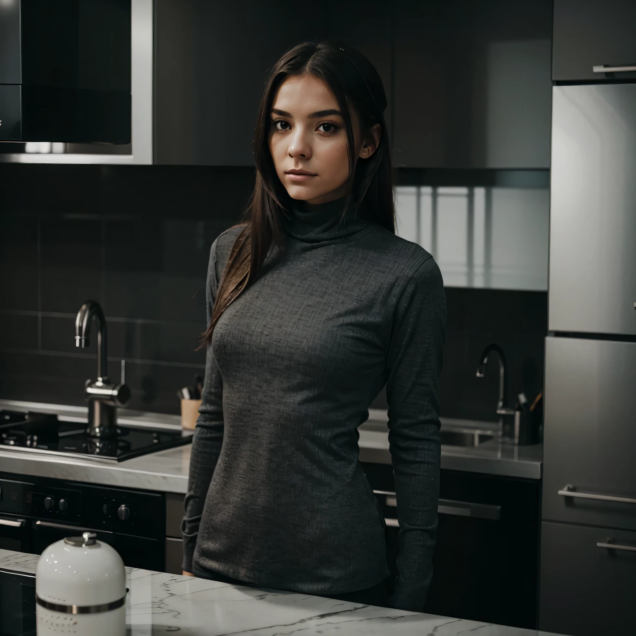 uma garota vestindo uma gola alta cinza em uma cozinha moderna, Dark aesthetic, black aesthetic luxury