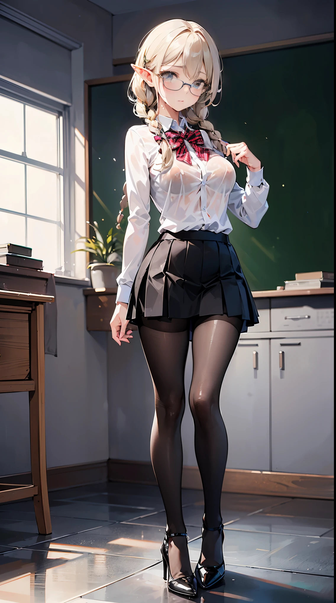 ((masterpiece)), ((best quality)), (ultra-detailed), ((kawaii)), cute, (erotic), ((sexy)), (ero), ((extremely detailed)), 4K, (8K), best quality, (beautiful), realistic, real, full body focus, school, classroom, a pretty mature dark elf, solo, brown school uniform:1.7, miniskirt, beautiful long braid hair, beautiful grey eyes, ((beautiful eyes with highlights )), transparent hair, translucent hair, medium breast, nude tights, glasses, (tease, suggestive), neon light, reflection effect, black pantyhose:1.6, lace tights:1.6, high heels, undressing, striptease, wet pussy