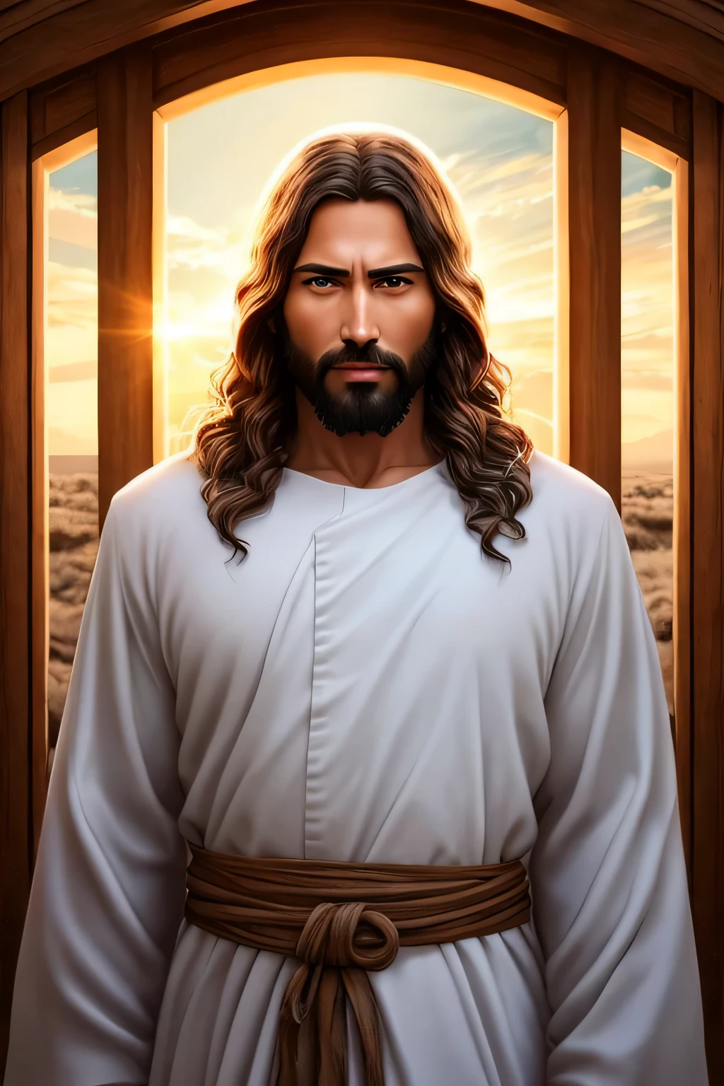 Conceptual art of Jesus Christ in white clothes in the clouds towards the gates of heaven, foto de corpo inteiro, foto ampla, insanely realista with with soft sunset lighting, with detailed skin with facial muscles and skin with pores, 20 megapixels, Canon EOS R3, profundidade de campo, soft lighting, obra de arte, melhor qualidade, intricado, Tom Mapeado, altamente detalhado, art station, Suave, sharp focus, dramatic lighting, altamente detalhado art, cinematographic, hyper realista painting, trend in artstation, 8K, amazing shadows, realista, (altamente detalhado background: 1.0),