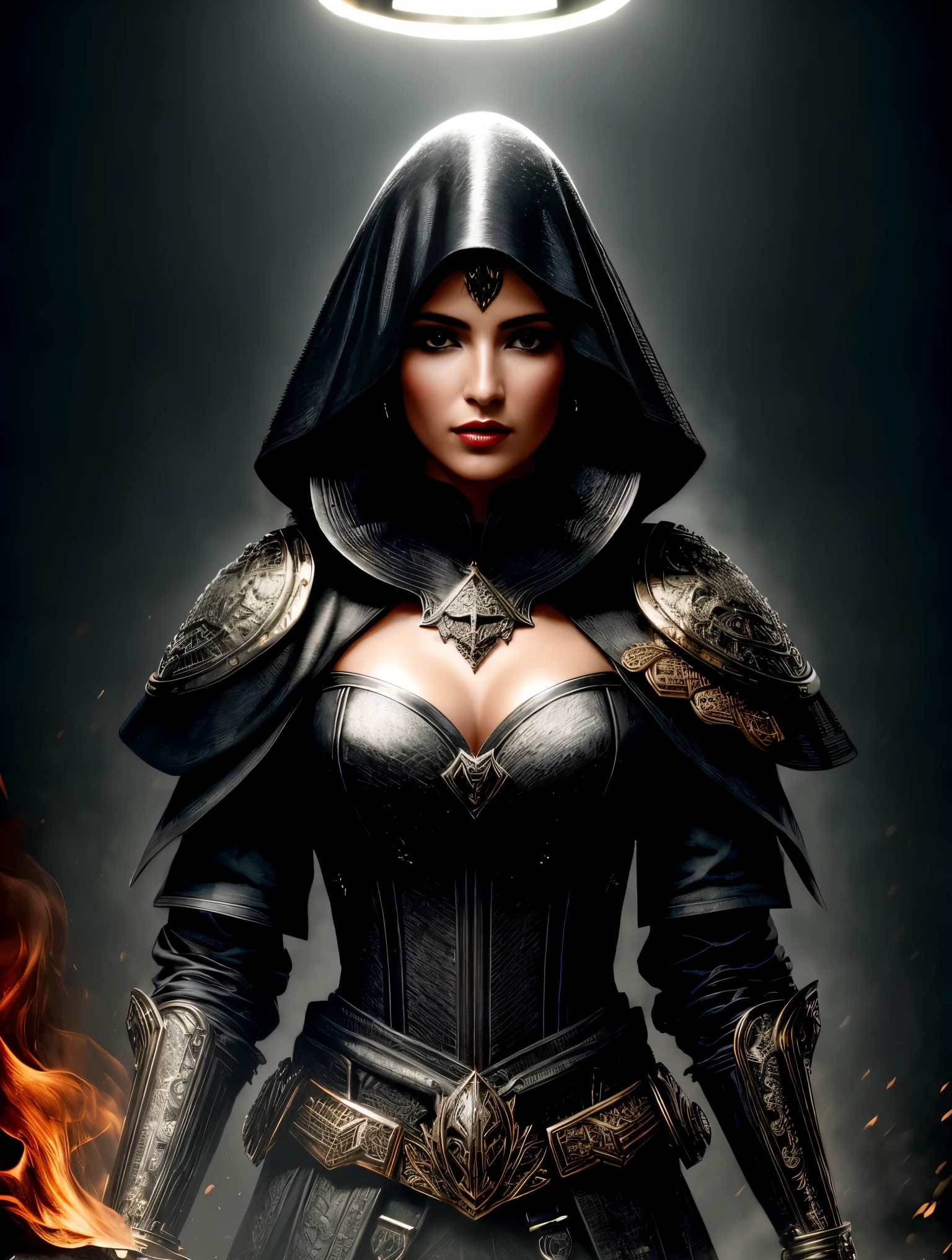 a beautiful woman ciborgue warrior in the Style-RustMagic, Aumento Cyberpunk, Ciberware, ciborgue, fibra de carbono, cromada, implantes, metal skull, Cyber Plate Armadura, (atmosfera escura:1.2), (mist & smoke), (noite escura:1.3), Cicatrizes, (shaggy medium length dark hair:1.1), (sombra:1.1), (brilho lindamente detalhado:1.2), (Cinematic lighting), detalhe intrincado, high resolution, olhos arredondados, detailed facial features, sharp focus, suave, aesthetics, Dark industrial factory detailed background, pose elegante, dynamic posture, (dramatic painting), (Opt-6000:0.9)