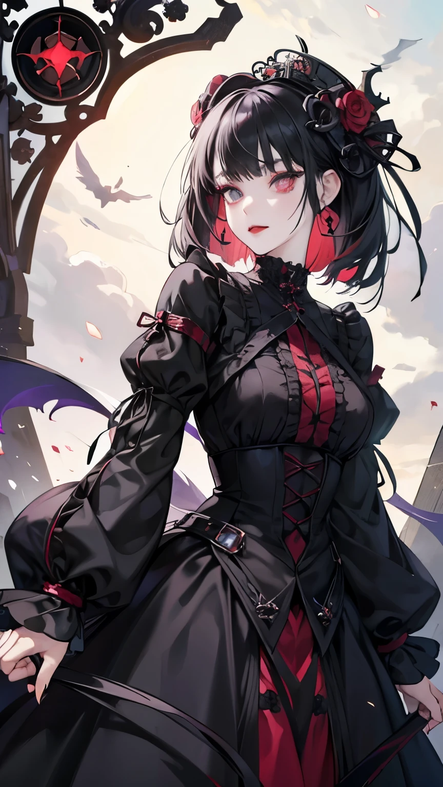 front,smile,cover the skin,heterochromia,right eye red,Zuo Muqing,unity 8k wallpaper, super detailed, beautiful, beautiful, ((new goth gal:1.4)), masterpiece, highest quality, dark, in the atmosphere, Mysterious, romantic, Spooky, literature, art, fashion, victorian, decoration, Complex, ironwork, race, contemplation, depth of emotion, Supernatural, 1 girl, alone, hip
