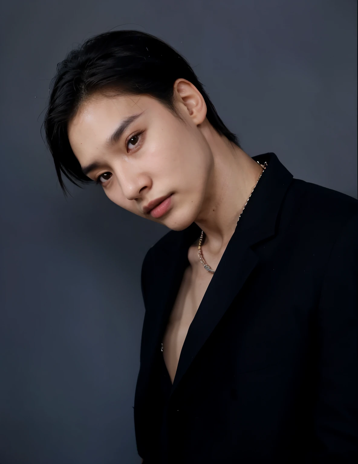 un primer plano de una persona que llevaba una camisa negra y un collar, Kim Jongin, retrato de kai exo, shin jeongho, kim taejin, lee wonbin, hyung tae kim, delicate androgynous prince, hong junio hyung, brillante por la lluvia, beautiful androgynous prince