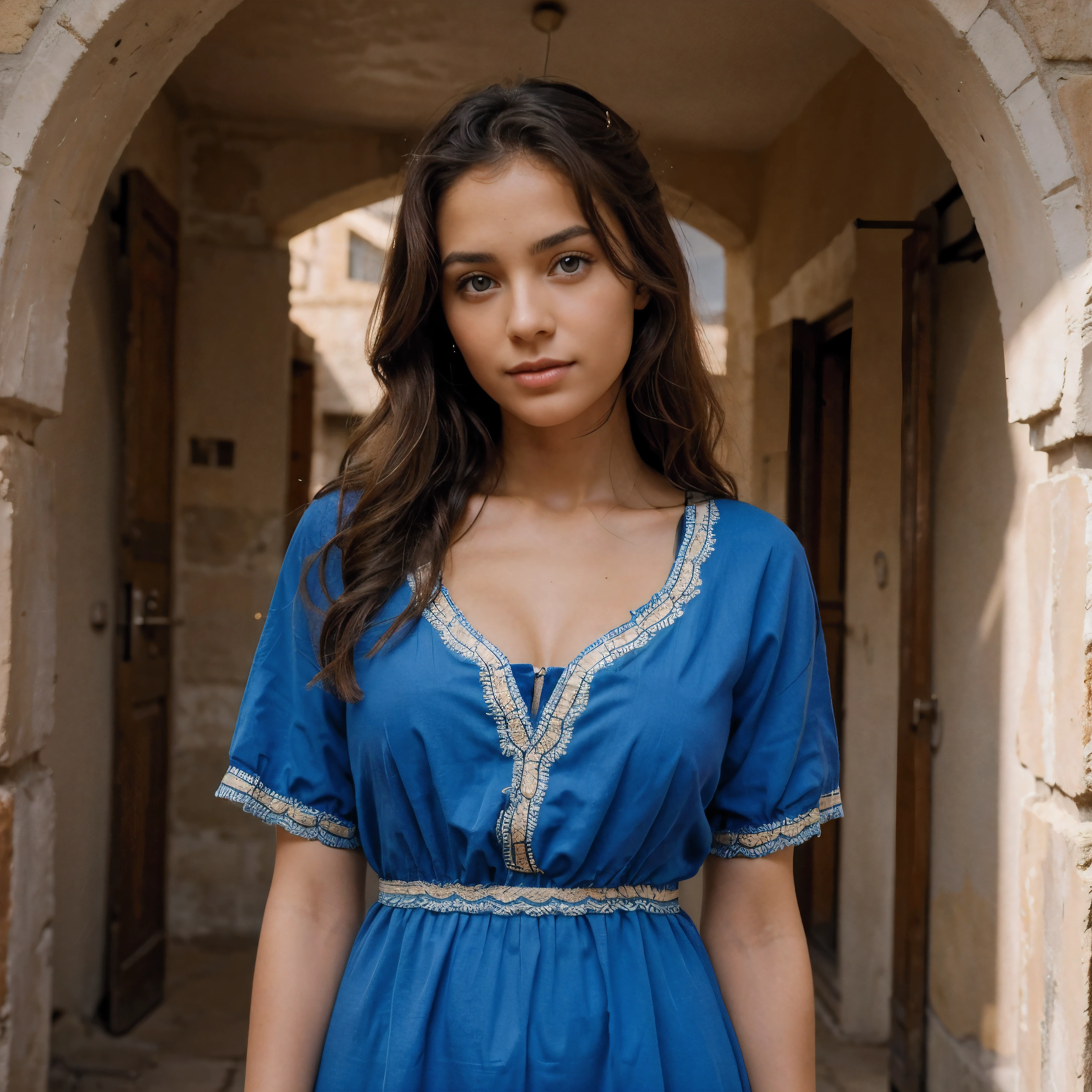 jeune femme ronde, Berbère originaire d&#39;Algérie. légèrement bronzé, avec des yeux bleux et un petit nez. Cheveux bouclés, de couleur brun. Un long visage,qui va avec sa longue taille de 1,84. Levres pulpeuses rouge attirant. Vêtue d&#39;une robe bleue assortie avec ses yeux. poitrine légère, des fesses normales. Ses vêtements couvrent tout le corps sauf les mains et la tête. Photo haute définition, RÉALISTIQUE 