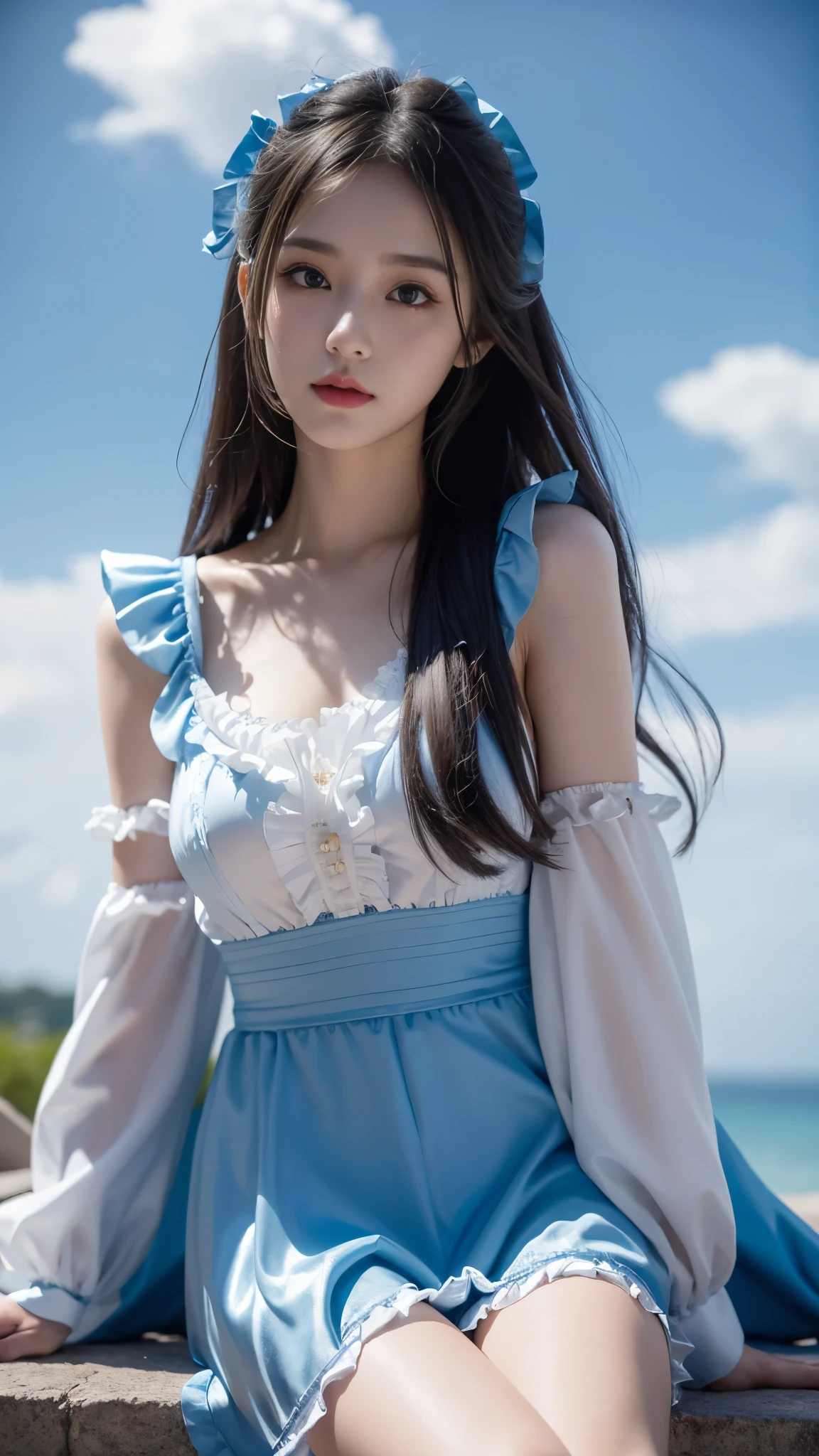 8k, ultra hd, masterpiece, 1 girl, very cute face, detailed eyes, ultra long hair, detailed lips, light makeup, very detailed costume, lolita costume, blue costume, strome weather, clouds, low lighting, blowing air, sitting,