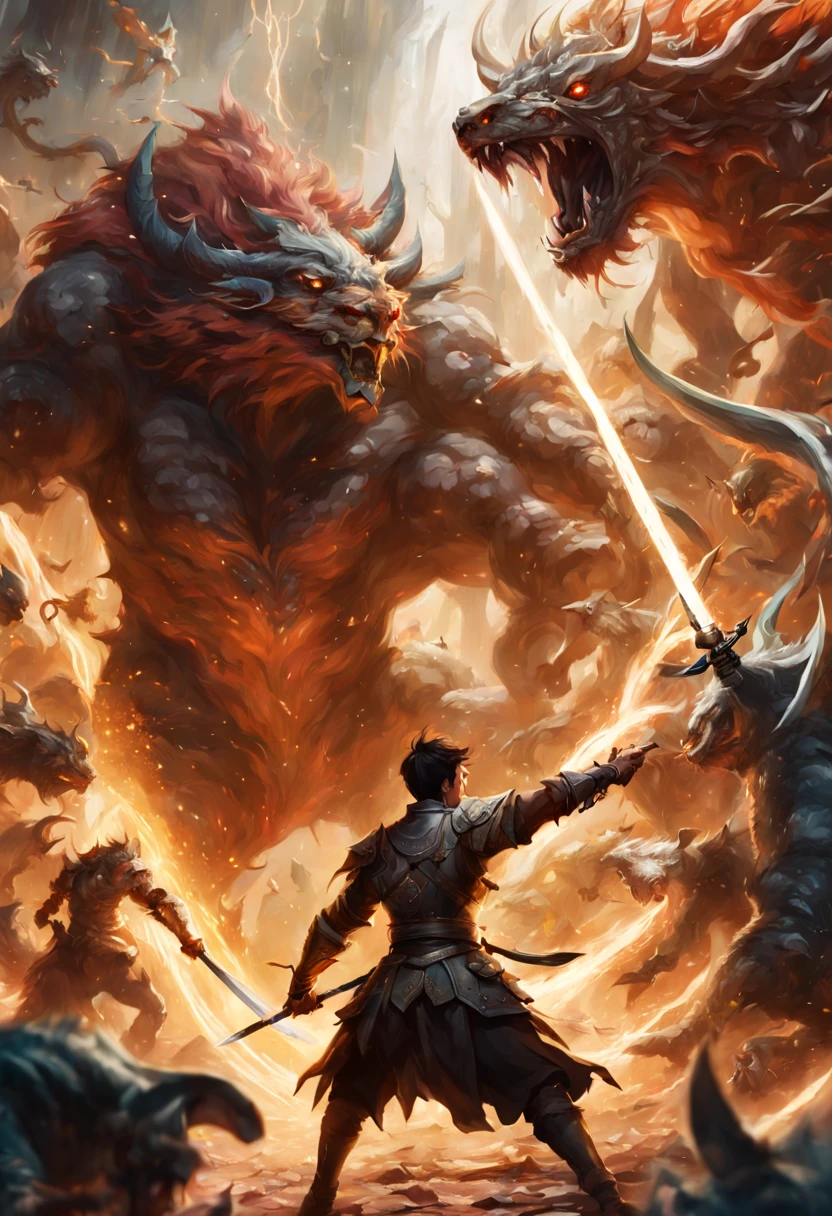 Prompt #2: An epic battle scene in a different world, the hero at the center wielding a sword that glows with an ethereal light, surrounded by fantastical beasts and allies, mid-action, high tension, Canon EOS R8, wide angle lens