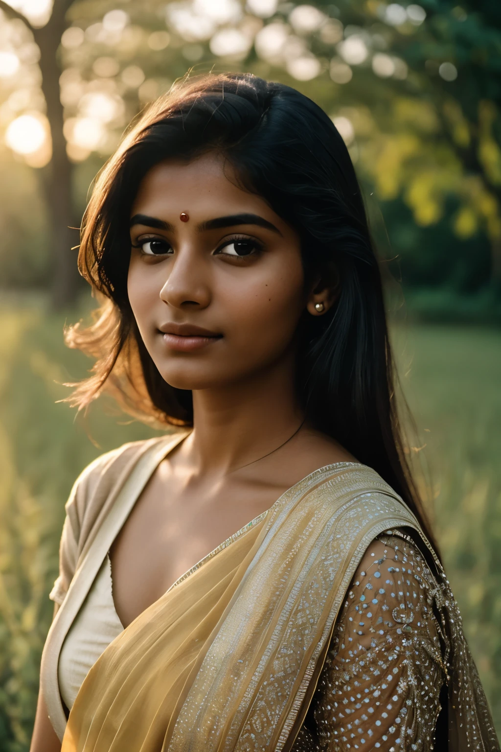 A stunning Kodak portrait captures the essence of a radiant Indian girl, illuminating her beauty in the soft morning sunlight. The smooth light gently caresses her features, creating a nostalgic mood that is beautifully preserved on film with Kodak Portra 200. The subtle film grain adds an element of authenticity to this portrait photography, bringing out the timeless elegance of the subject.