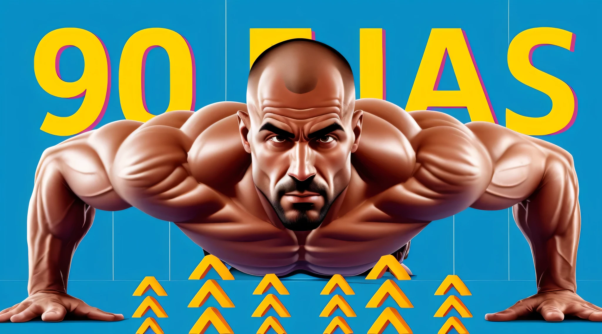 a man doing push-ups on a blue background with the words 90 days, inspirado em Viktor Oliva, inspirado em Volkan Baga, fisiculturista, inspirado em Otto Eckmann, gigante musculoso, senhor universo, fisiculturista, muscular!!!, musculoso, Grande, longo, forte, physicist |, muscular!!, muscular!! Science fiction, petoral musculo muito vermelho, absurdamente vermelho, musculo peitoral, careca, sem cabelo,completely shaved head, very red pectoral muscle, very red pectoral muscle