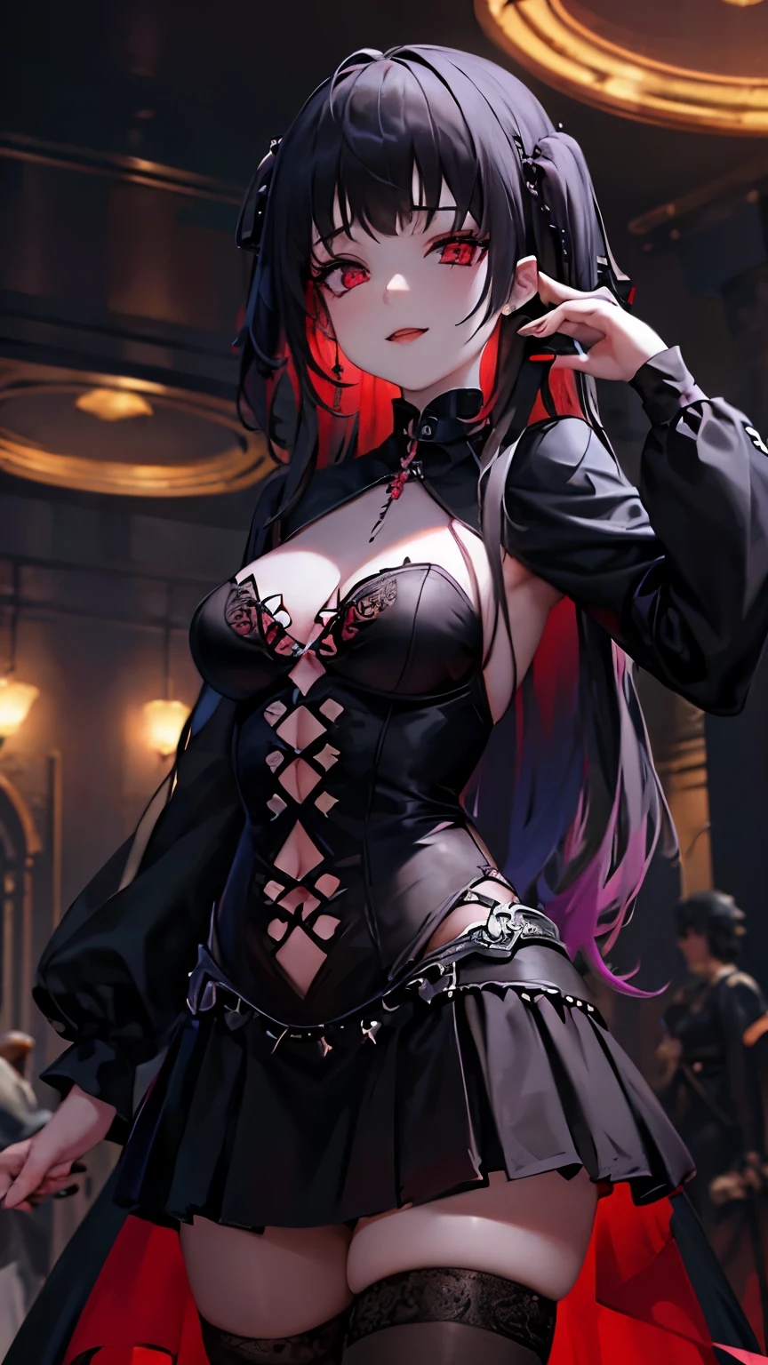 front,smile,cover the skin,heterochromia,right eye red,Zuo Muqing,unity 8k wallpaper, super detailed, beautiful, beautiful, ((new goth gal:1.4)), masterpiece, highest quality, dark, in the atmosphere, Mysterious, romantic, Spooky, literature, art, fashion, victorian, decoration, Complex, ironwork, race, contemplation, depth of emotion, Supernatural, 1 girl, alone, hip
