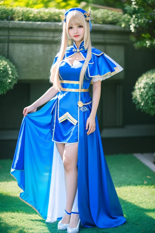 blond woman in blue dress holding a fan and a blue fan, anime girl cosplay, anime cosplay, cosplay, 8k)), costume with blue accents, full body xianxia, 中 元 节, japanese goddess, , inspired by Leng Mei, elegant glamourous cosplay, anime goddess, keqing from genshin impact, cosplay photo