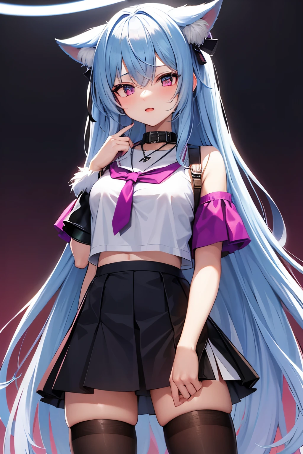 a cute girl with long hair and a short skirt, in the style of cyberpunk manga, light magenta and dark bronze, intertwining materials, light blue and dark black, loose brushwork