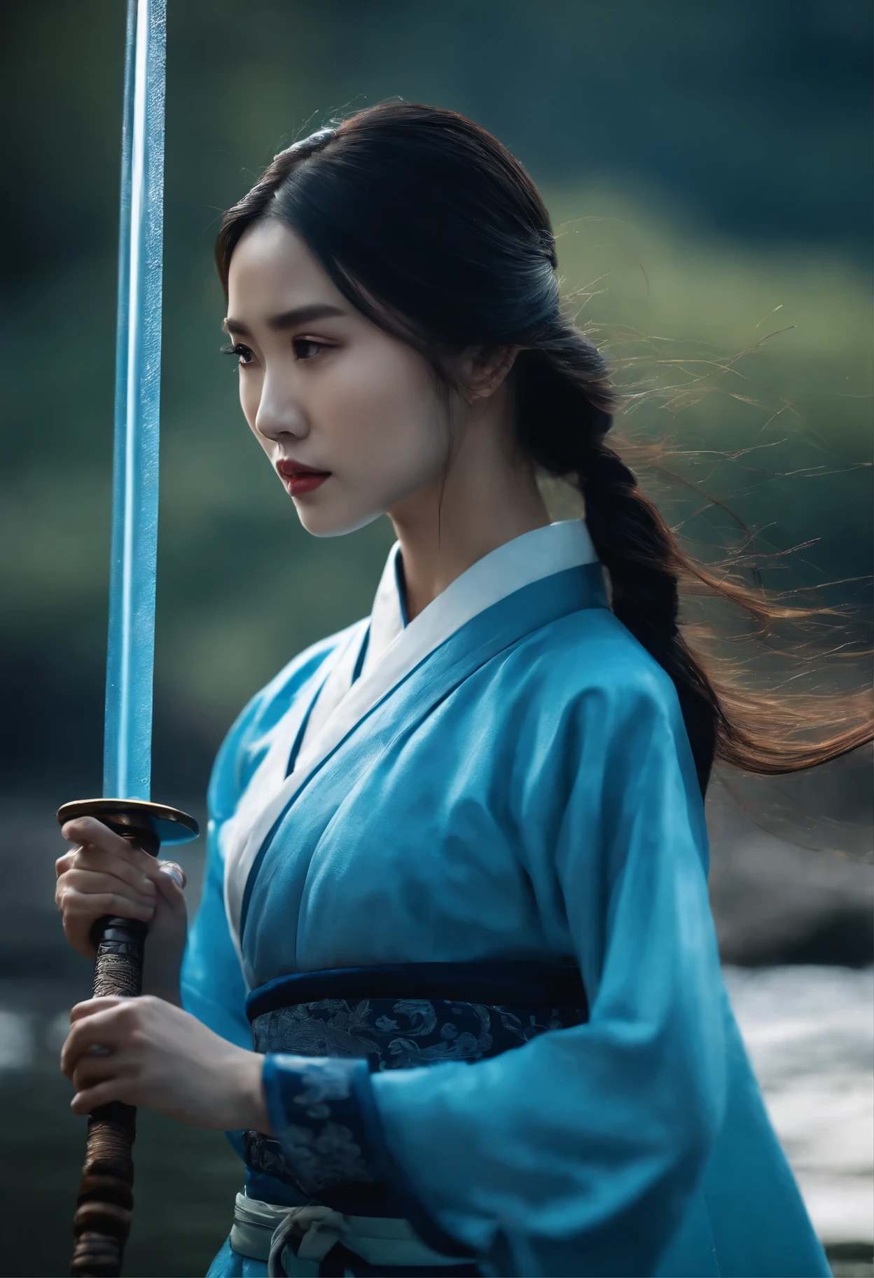 masterpiece, 1 girl, close up, Wear blue Hanfu, Chinese traditional fabric, ((Hold a water sword,)) long black hair, hair braids, blue waves background, water effect, ink painting style, dynamic poses, fighting stance