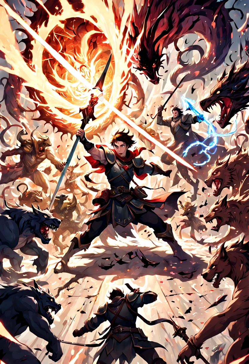 Prompt #2:
An epic battle scene in a different world, the hero at the center wielding a sword that glows with an ethereal light, surrounded by fantastical beasts and allies, mid-action, high tension, Canon EOS R8, wide angle lens