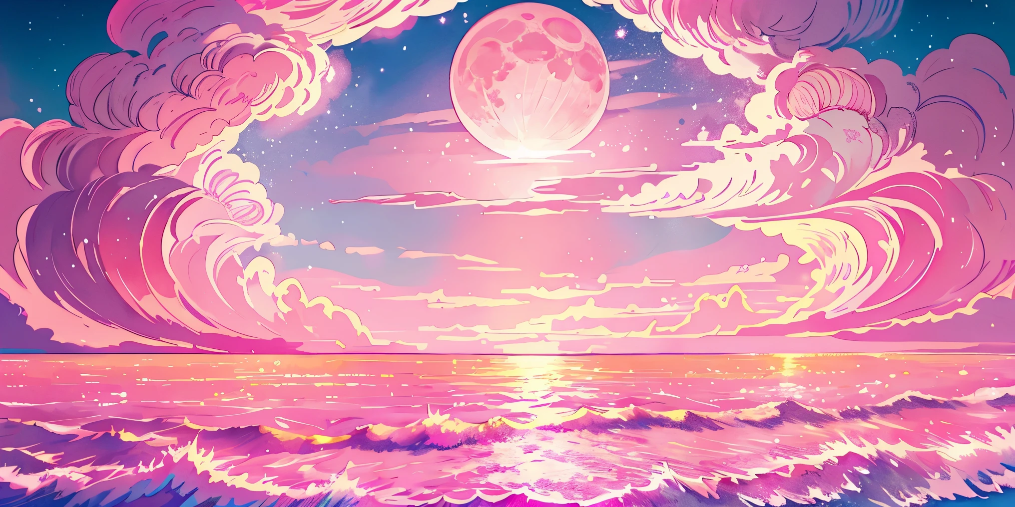 Pink moon, pink sky, soft pink clouds, pink ocean waves sparkling, sparkling, pink roses on pink ocean, fantasy, diamond, crown, universe, soft lights, dark colors 