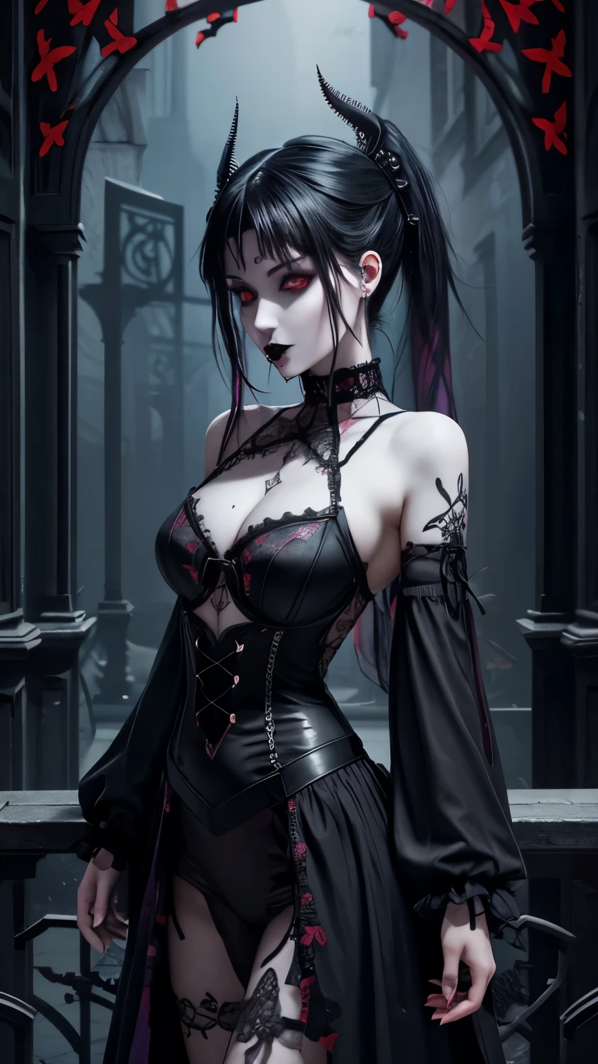 front,butterfly,cover the skin,heterochromia,right eye red,Zuo Muqing,unity 8k wallpaper, super detailed, beautiful, beautiful, ((new goth gal:1.4)), masterpiece, highest quality, dark, in the atmosphere, Mysterious, romantic, Spooky, literature, art, fashion, victorian, decoration, Complex, ironwork, race, contemplation, depth of emotion, Supernatural, 1 girl, alone, hip