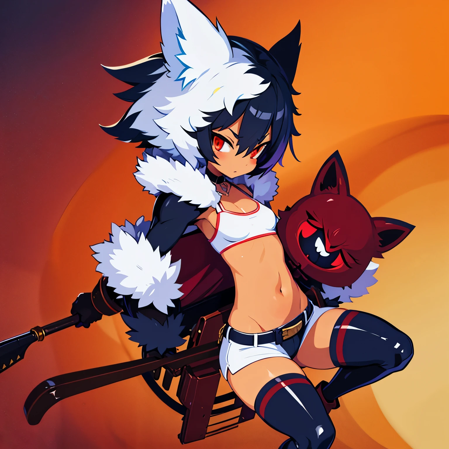 Dwarf Pygmy Slender Moody Glowing eyes Sharp eyes Slanted eyes Cat eyes Triangular mouth Red cheeks Short messy blue hair Amber eyes Dark skin Sunburn marks Sports bra Hot pants Choker Gloves Short boots Belt White fur hood Loin cloth Fur Wolf tail Ribs, navel, thighs, shadows, mysterious