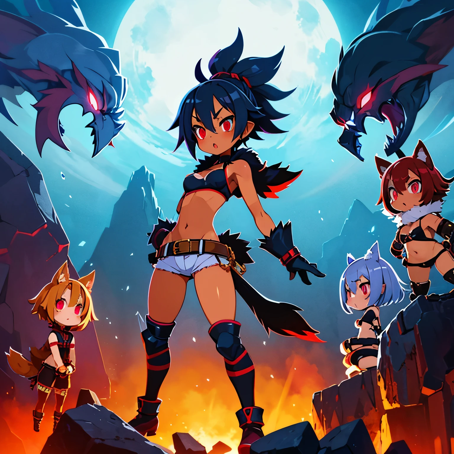 Dwarf Pygmy Slender Moody Glowing eyes Sharp eyes Slanted eyes Cat eyes Triangular mouth Red cheeks Short messy blue hair Amber eyes Dark skin Sunburn marks Sports bra Hot pants Choker Gloves Short boots Belt White fur hood Loin cloth Fur Wolf tail Ribs Navel Thighs