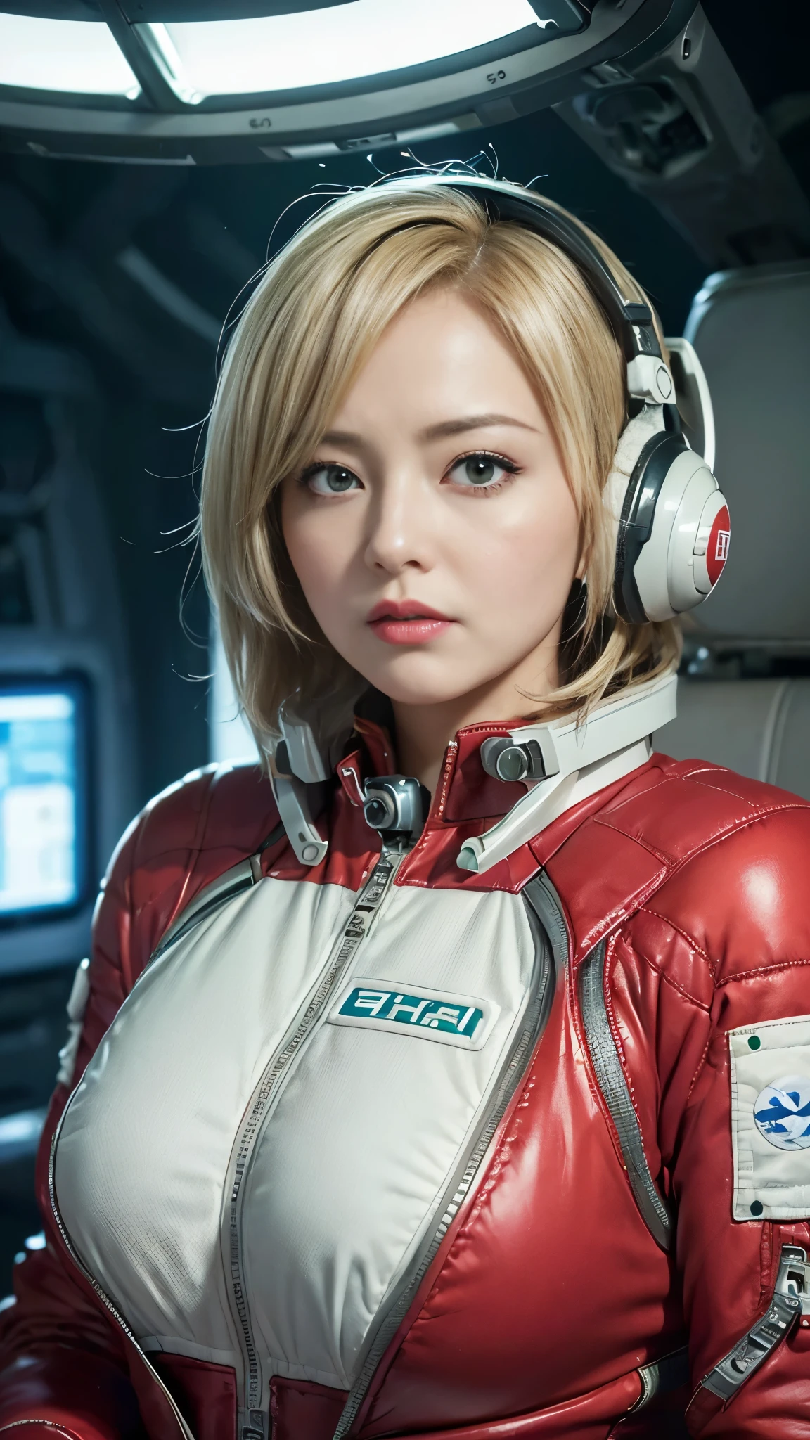 (hyper real)、future female pilots、
Huge Beautiful woman High level image quality High resolution realistic short hair blonde、 blondeの女性、mature woman、middle-aged women、((big big skin texture、超High resolution、realistic、Chubby body type、angry face、beauty of middle age、beautiful expression、Detailed green ironed fluffy hair、Kamimei、Very delicate and delicate skin texture、35A woman piloting a giant space station)、female pilot batlight red lips、((wear a red flight suit))、(((alone)))、