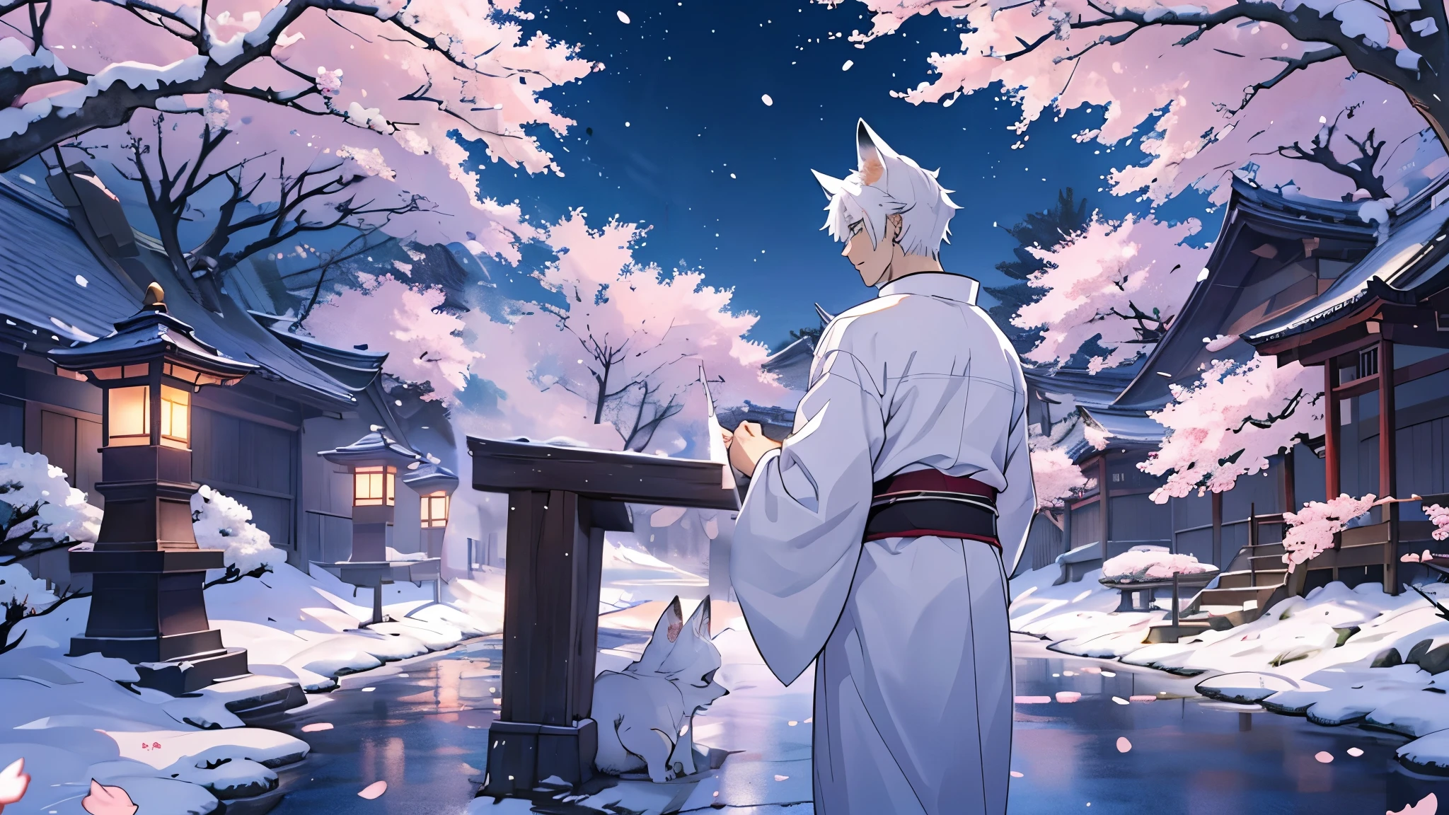 background、white fox sitting、looking up to the right