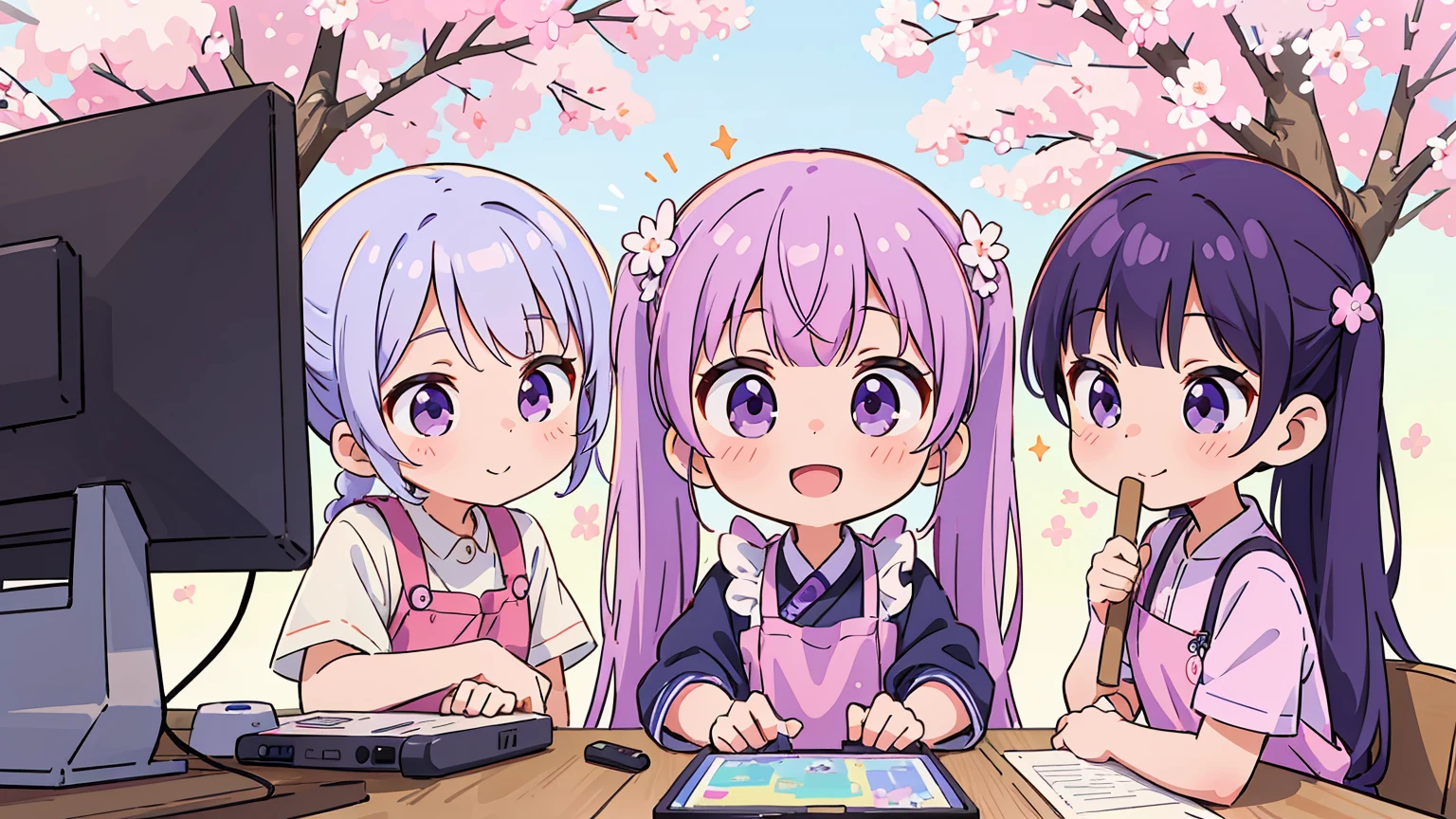 (best quality,ultra-detailed,highres:1.2),colorful, vibrant, (anime style:1.1),Suzukaze Aoba character,natural lighting,fun background,detailed facial features, purple hair, two twintails, dark purple eyes, expressive smile, casual clothes, white shirt, purple apron, holding a paintbrush, making an adorable pose, in a game development studio, surrounded by computer monitors, design sketches on the wall,video game consoles,sakura blossoms in the background, soft pastel colors,cheerful atmosphere,friendship and teamwork vibes,enthusiastic expressions,sparkles and glows, creative energy.