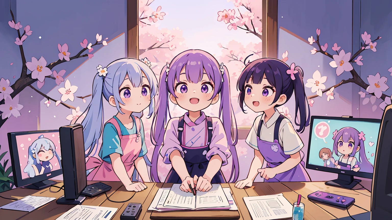 (best quality,ultra-detailed,highres:1.2),colorful, vibrant, (anime style:1.1),Suzukaze Aoba character,natural lighting,fun background,detailed facial features, purple hair, two twintails, dark purple eyes, expressive smile, casual clothes, white shirt, purple apron, holding a paintbrush, making an adorable pose, in a game development studio, surrounded by computer monitors, design sketches on the wall,video game consoles,sakura blossoms in the background, soft pastel colors,cheerful atmosphere,friendship and teamwork vibes,enthusiastic expressions,sparkles and glows, creative energy.