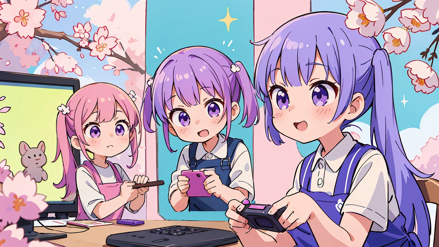 (best quality,ultra-detailed,highres:1.2),colorful, vibrant, (anime style:1.1),Suzukaze Aoba character,natural lighting,fun background,detailed facial features, purple hair, two twintails, dark purple eyes, expressive smile, casual clothes, white shirt, purple apron, holding a paintbrush, making an adorable pose, in a game development studio, surrounded by computer monitors, design sketches on the wall,video game consoles,sakura blossoms in the background, soft pastel colors,cheerful atmosphere,friendship and teamwork vibes,enthusiastic expressions,sparkles and glows, creative energy.