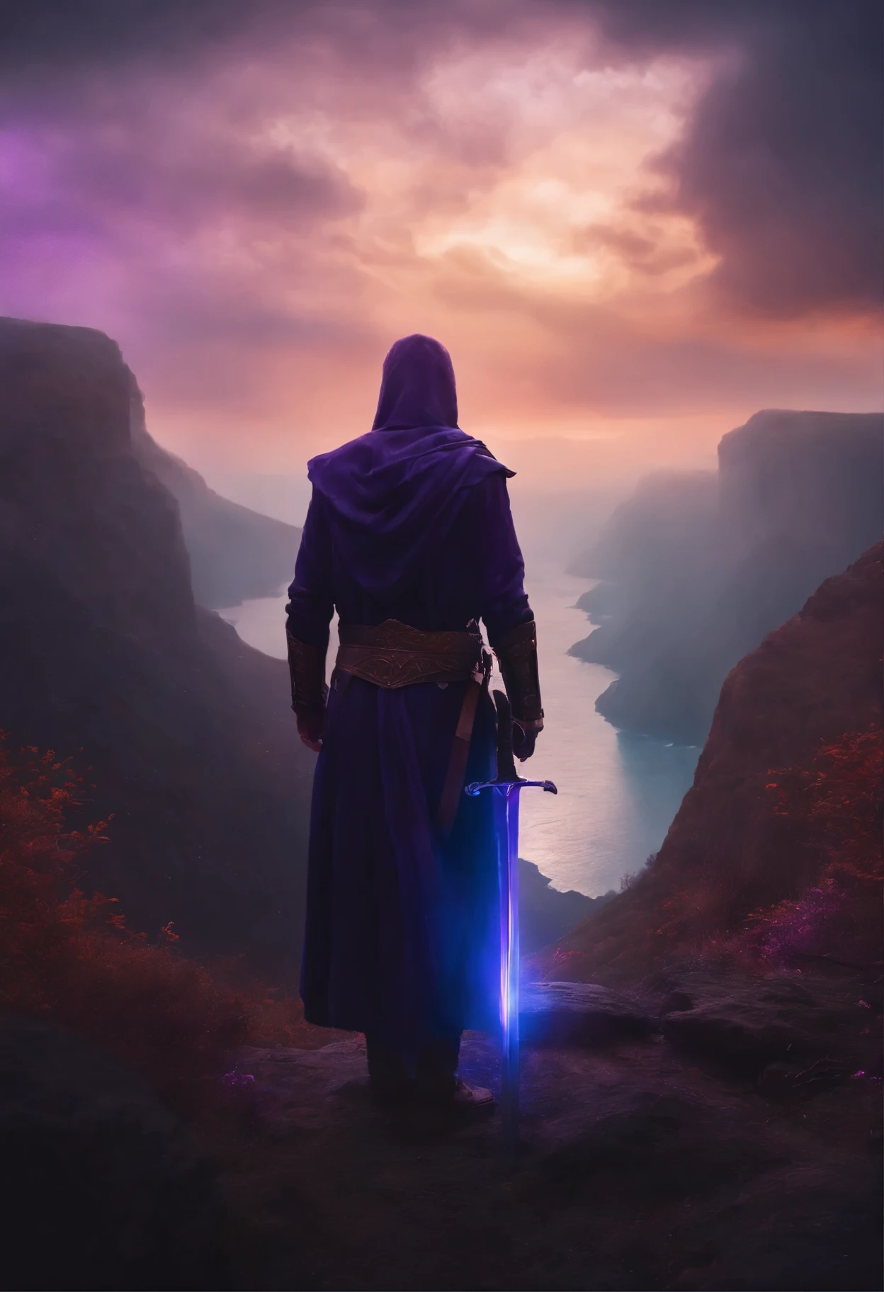 masterpiece, best quality, light particles, depth of field, landscape, fantasy, far away, pastel colors, Chromatic aberration abuse, cloudy sky, Blue halo, ish, dark atmosphere, glowing eyes, Purple light, illumination, cliff, sword