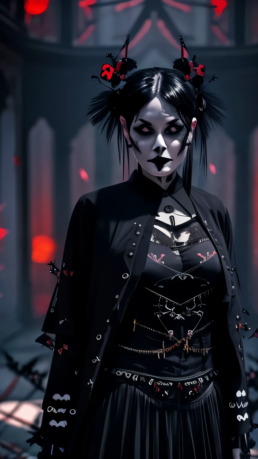 butterflies dance,front,smile,cover the skin,heterochromia,right eye red,Zuo Muqing,unity 8k wallpaper, super detailed, beautiful, beautiful, ((new goth gal:1.4)), masterpiece, highest quality, dark, in the atmosphere, Mysterious, romantic, Spooky, literature, art, fashion, victorian, decoration, Complex, ironwork, race, contemplation, depth of emotion, Supernatural, 1 girl, alone, hip