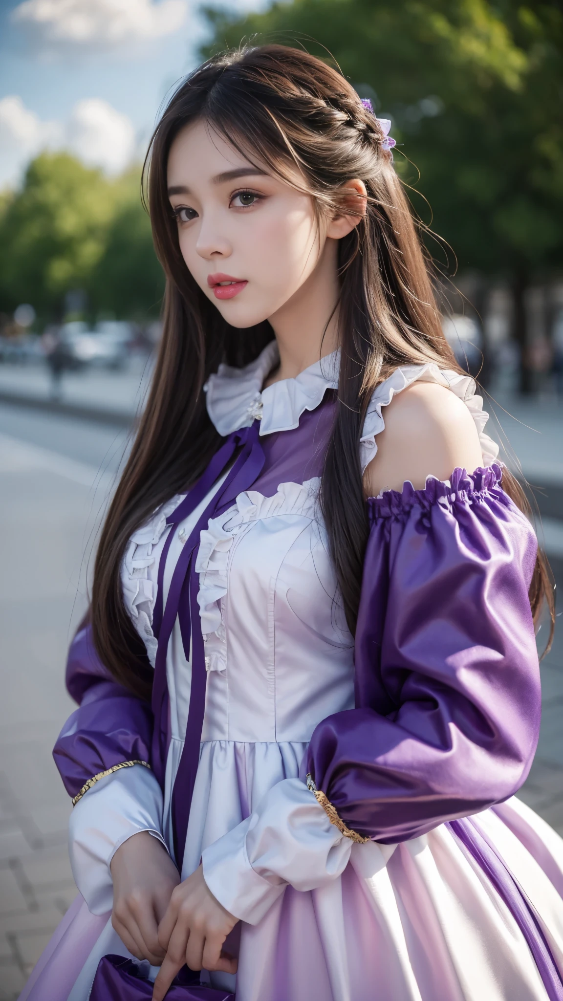 8k, ultra hd, masterpiece, 1 girl, very cute face, detailed eyes, ultra long hair, detailed lips, light makeup, very detailed costume, lolita costume, purple costume, strome weather, clouds, low lighting, blowing air,