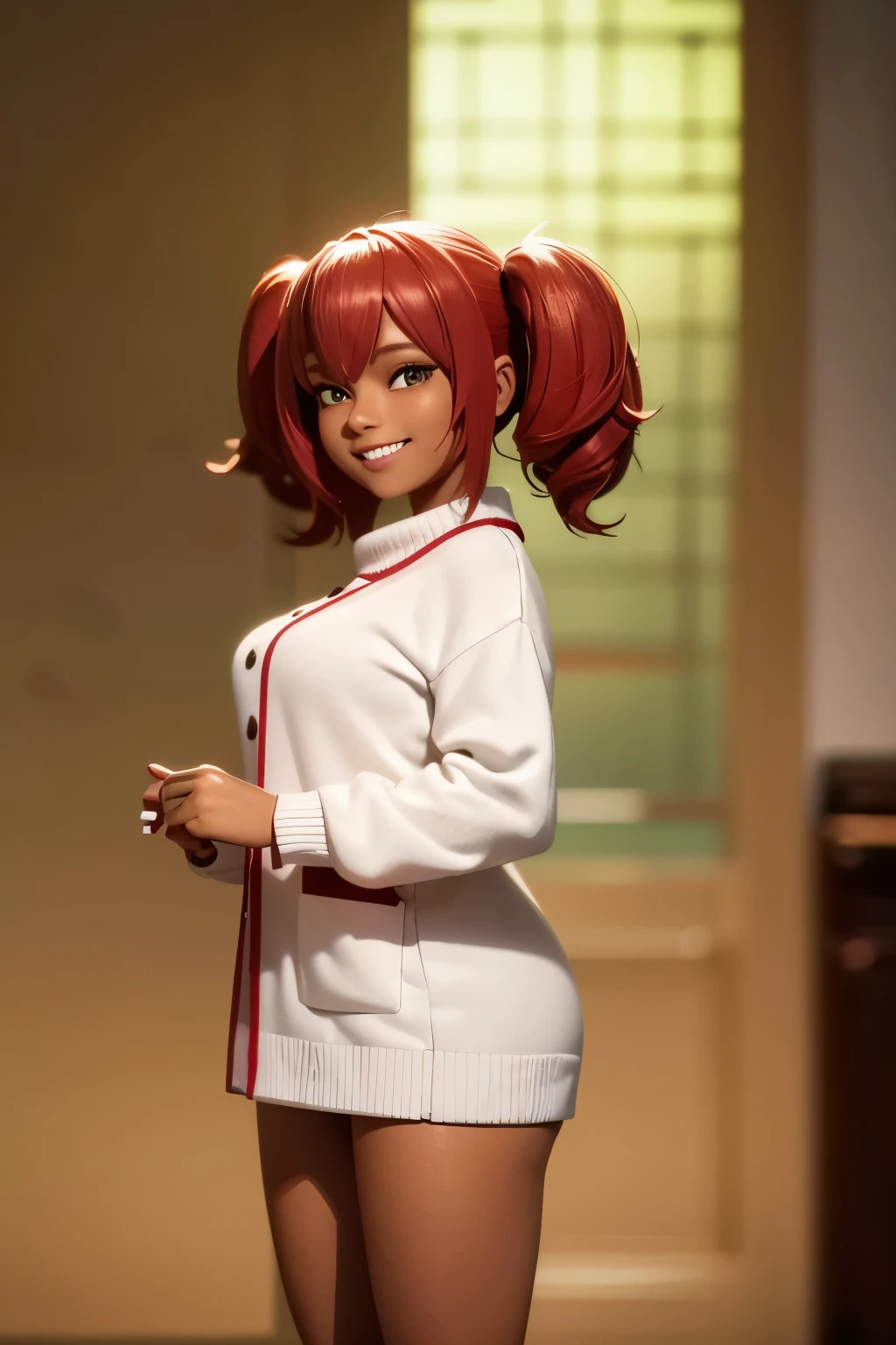 Chibi 3D ultra-realistic nursing uniform wearing character with red hair and dark skin, radiantly smiling, clad in a white sweater --s2.

This charming chibi figure boasts ultra-realistic details, captured in stunning 3D. The vivid red strands of hair cascade down her back, bright against the dark skin that glows with a natural warmth. Her most captivating feature, however, is the enchanting smile that adorns her small, rounded face, adding an irresistible charm to her appearance. She dons a pristine white sweater, the fabric smooth and inviting under the hyper-detailed 8k rend