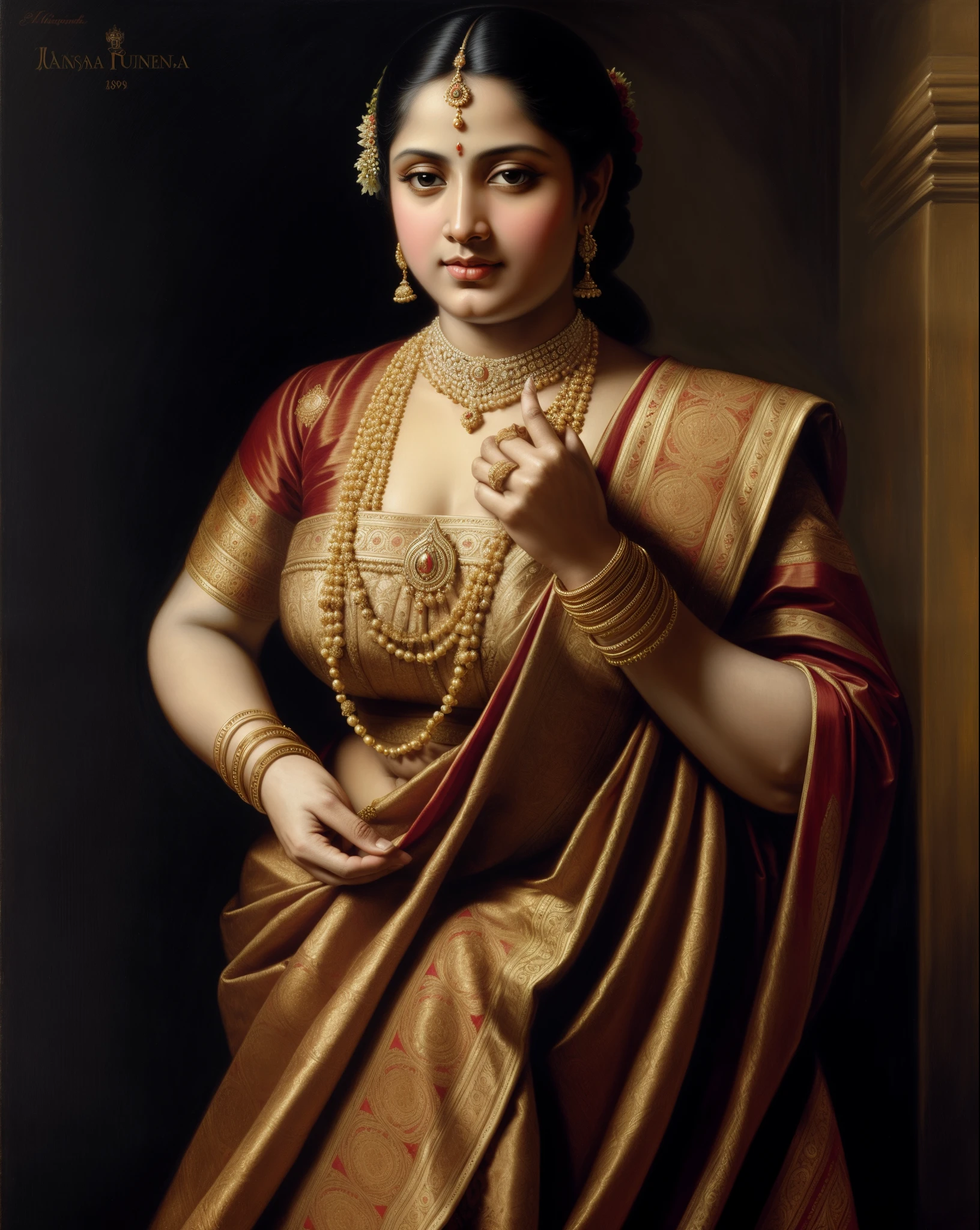 Beautiful Indian Woman, wearing saree, sari Beauty, gorgeous, Apsara, Maharani, royal queen woman, nymph from Hindu Mythology, Urvashi, matchless beauty, Highly detailed, Oil Painting by Peter Paul Rubens inspired by Raja Ravi Varma, Matchless beauty, captivating, gorgeous, heavenly beauty, celestial beauty, by Peter Paul Rubens, 1893, realistic, hyper realistic, micro details, incredible artwork, insane details, ultra High resolution, 8k, 32k, acrylic on canvas, intricate, flawless, detailed, detailed face, detailed eyes, masterpiece, by Peter Paul Rubens, by Caravaggio, by William Adolphe bouguereau, perfect face, perfect body, beautiful art, realism, baroque, renaissance Art, highly textured, beautiful and detailed eyes, uhd, best quality,
