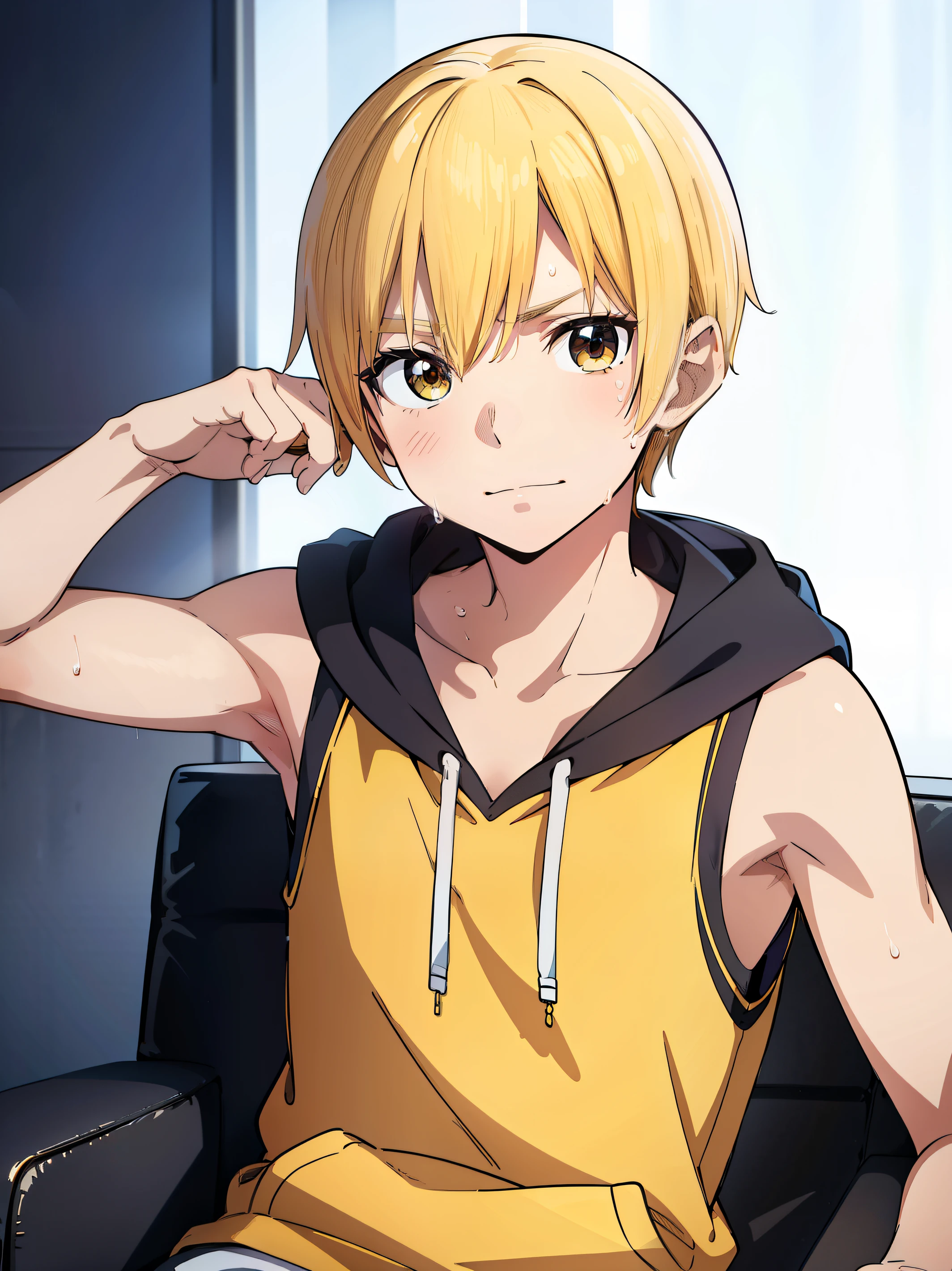 Highres, Masterpiece, Best quality at best,Best Quality,hight quality, hight detailed, 1boy, ??? Shota, Yellow hoodie, Pixie bob hair, Sleeveless hoodie, Sitting on the chair, Picture taken from front, (very young ???), (very small and short body), 10-Year-Old-Boy, (Showing armpit:1.3), hansome, Sweat, Simple beckground