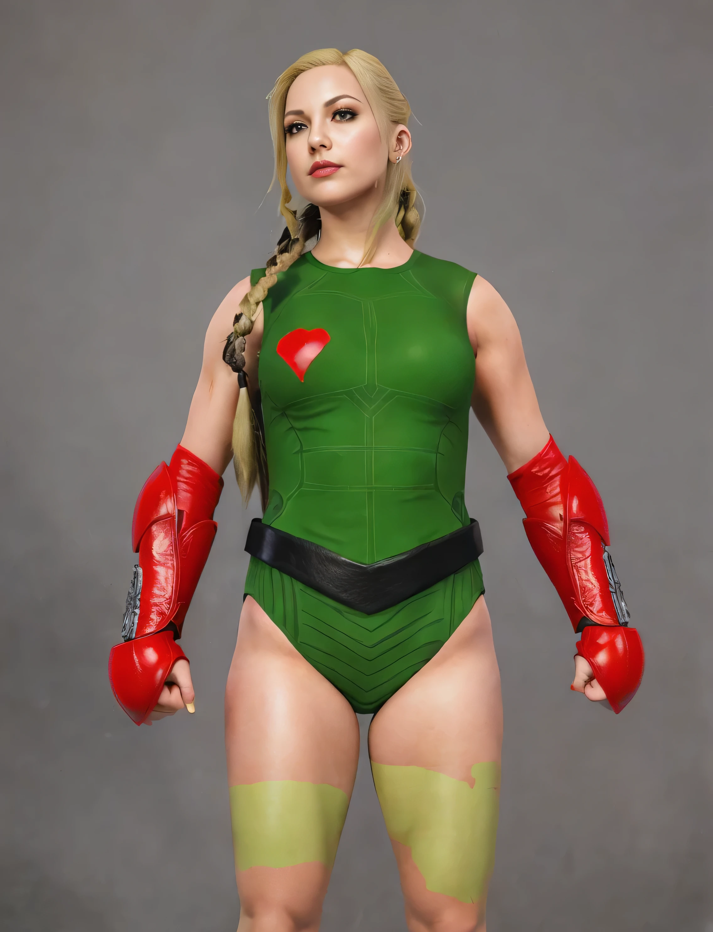 ((masterpiece, best quality)), ((23 year old)), (((Curvy))), ((Cammy from Street Fighter)), in ((green high cut combat leotard)), (red combat bracers), black leather belt, green camo leg-paint, ((((photo realistic))))