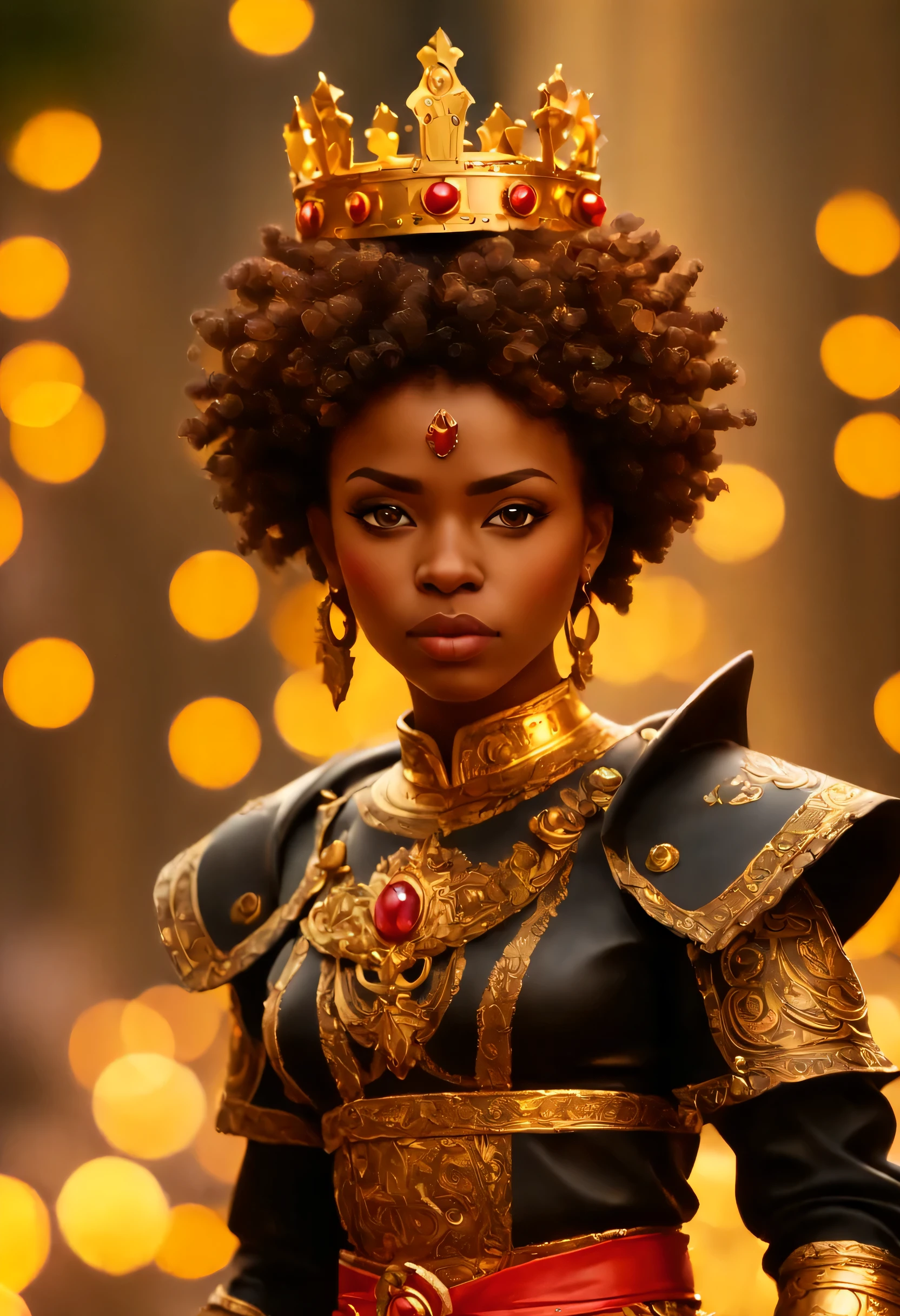 Imagine uma cena de Jezabel, a 20-year-old Israelite queen from biblical times, com cabelo castanho curto, pele afro, adornada com sua coroa de ouro. Imagem de corpo inteiro, staring furiously at the camera, ela usa roupas pretas, with symbolic patterns of gold and red, e uma faixa vermelha. and his expression is one of hate. The setting is a temple of Baal worshipers, Next to the queen are 10 of Baal's prophets in black priestly robes with gold trim, com macio, warm lighting that creates a dramatic atmosphere, highlighting the intricate details of the setting and royal attire as he sits on his majestic throne. Long exposure, capricious lighting, ambiente encantado, texturas suaves, arte imaginativa, silent luminescence, Sussurro Silencioso, fundo vibrante, encontro iridescente, por Skyrn99, Corpo todo, (((rule of thirds))), alta qualidade, 8K, Alto detalhe, high resolution, (bokeh:2), luz de fundo, Long exposure:2